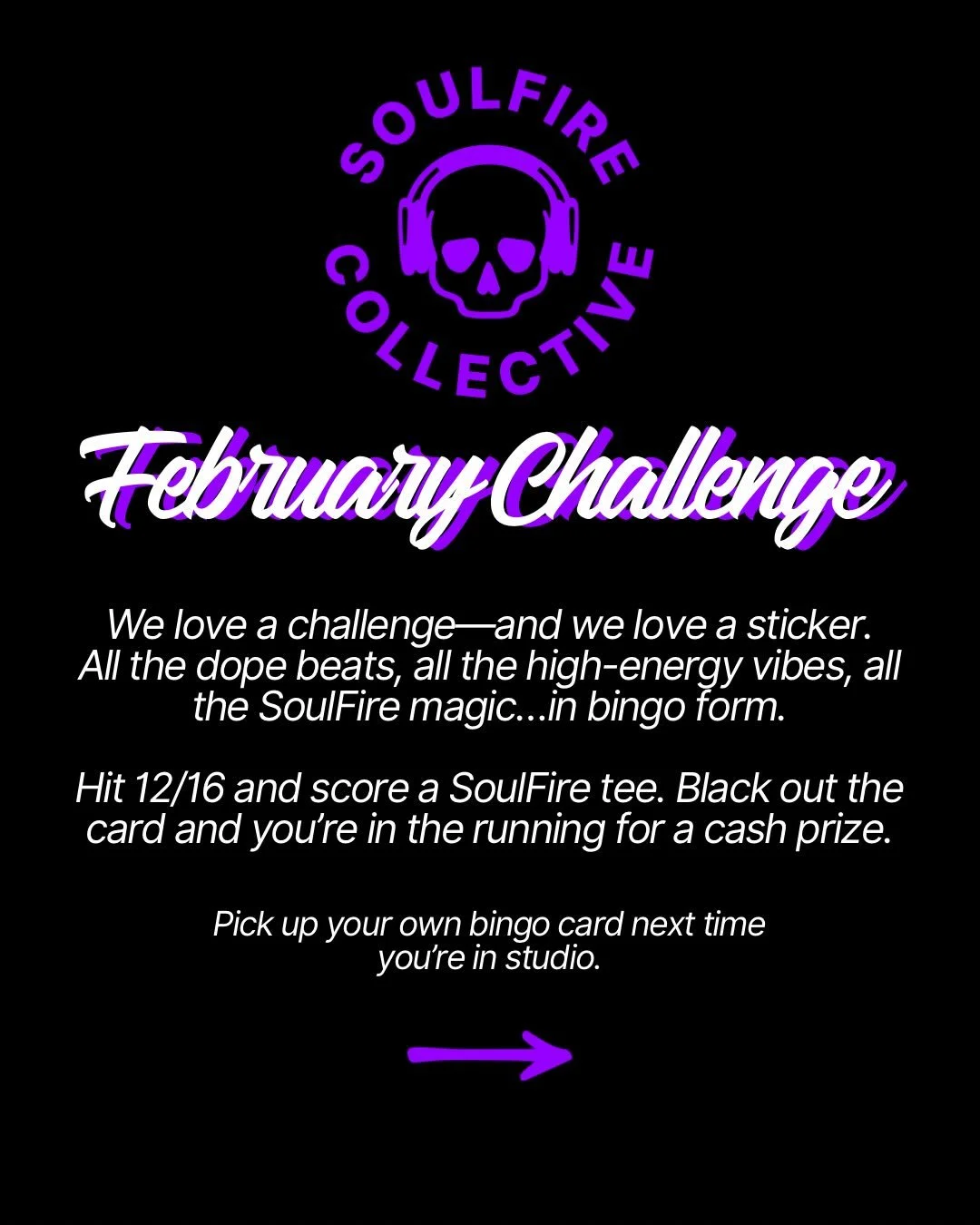 Let&rsquo;s get after it, #SoulFireSquad! Our February Challenge is coming to ALL studios!

Next week, be sure to pick up your bingo card. Complete 12/16 bubbles, you get an exclusive SoulFire t-shirt. 

#soulfirecollective #februarychallenge #yogast