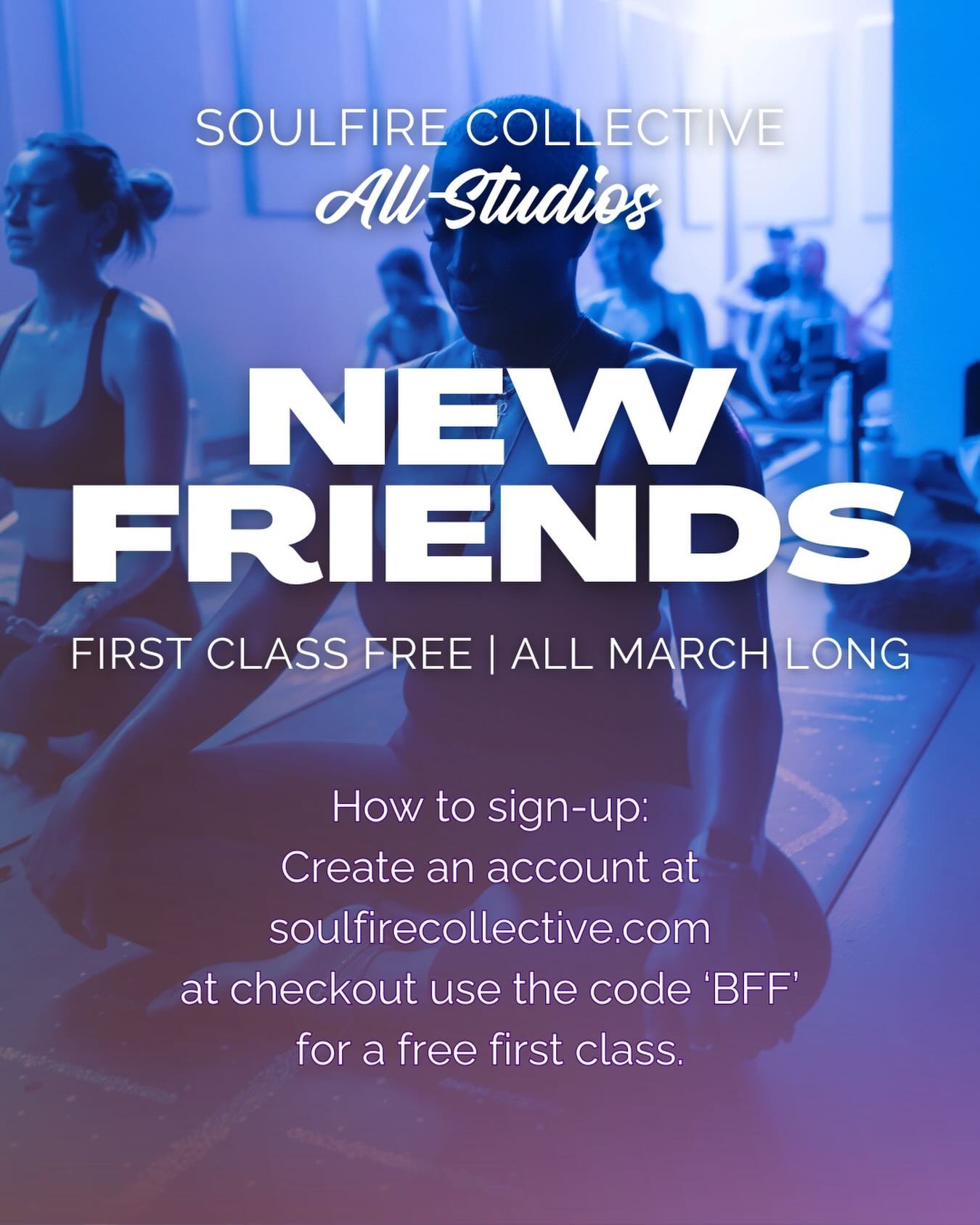Spread the gift of yoga this March 💜🧘

March 1st through 31st, bring a friend to their first class for FREE using code BFF at checkout. Do it - your bestie will thank you 👯&zwj;♀️

#soulfirecollective #yogaclass #dmvyoga #dcyoga #bringafriend