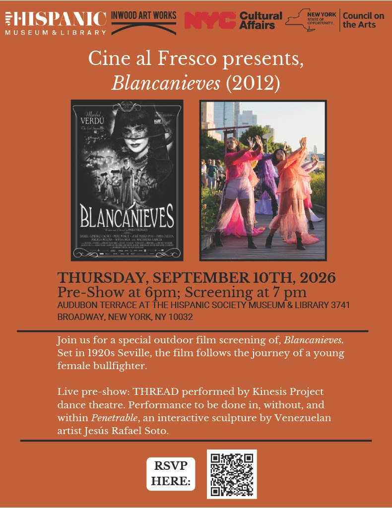 a detailed flyer shares all of the show and film information, wih a dramtic images from Blancanieves, and a colorful image of the Kinesis Project dancers in Riverside Park
