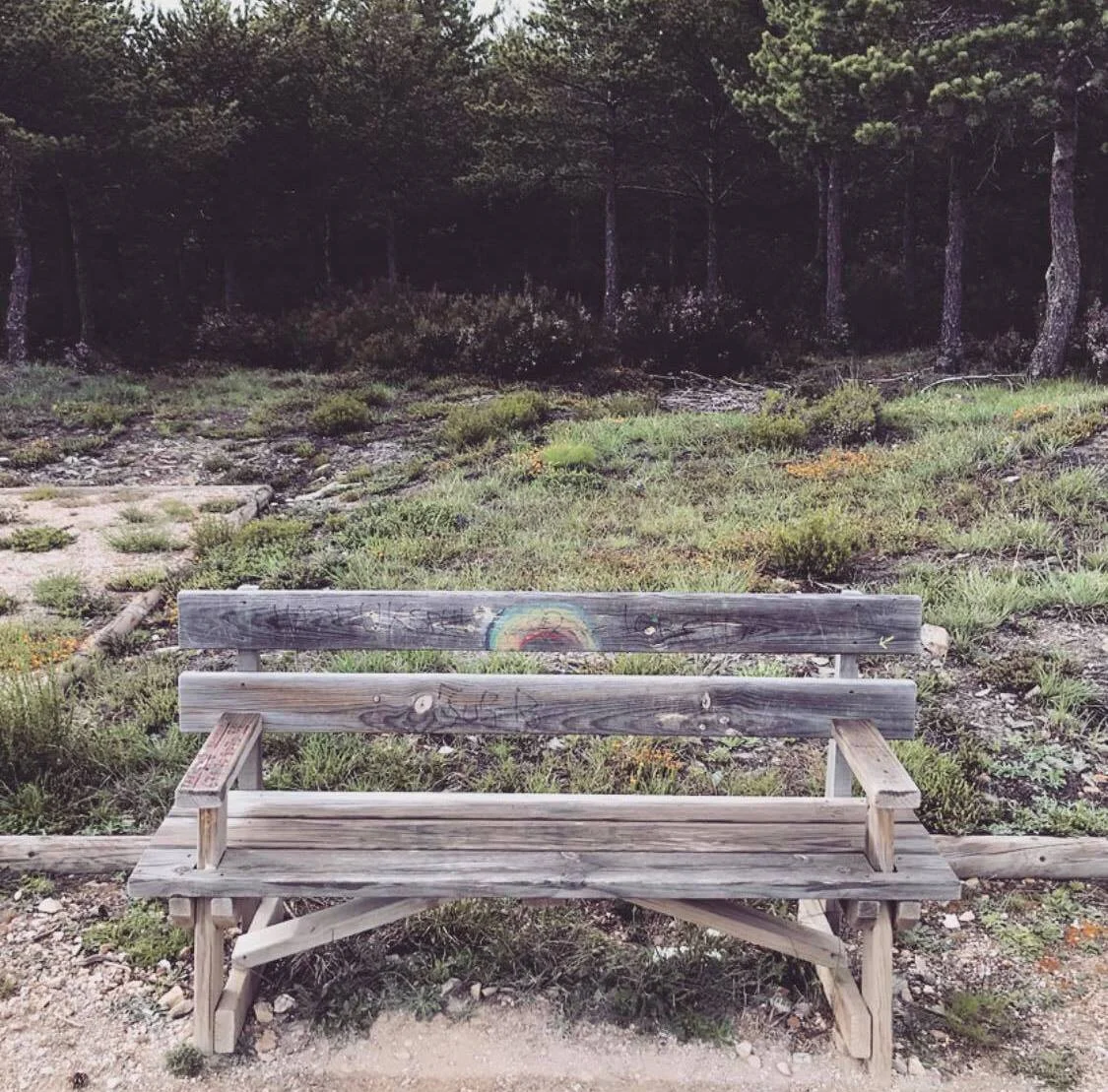 The Rainbow Bench on the Camino just after the Cruz de Ferro.