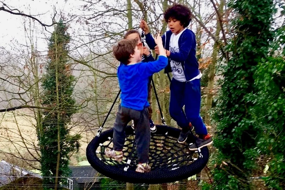 Boys standing on a Nest Swing