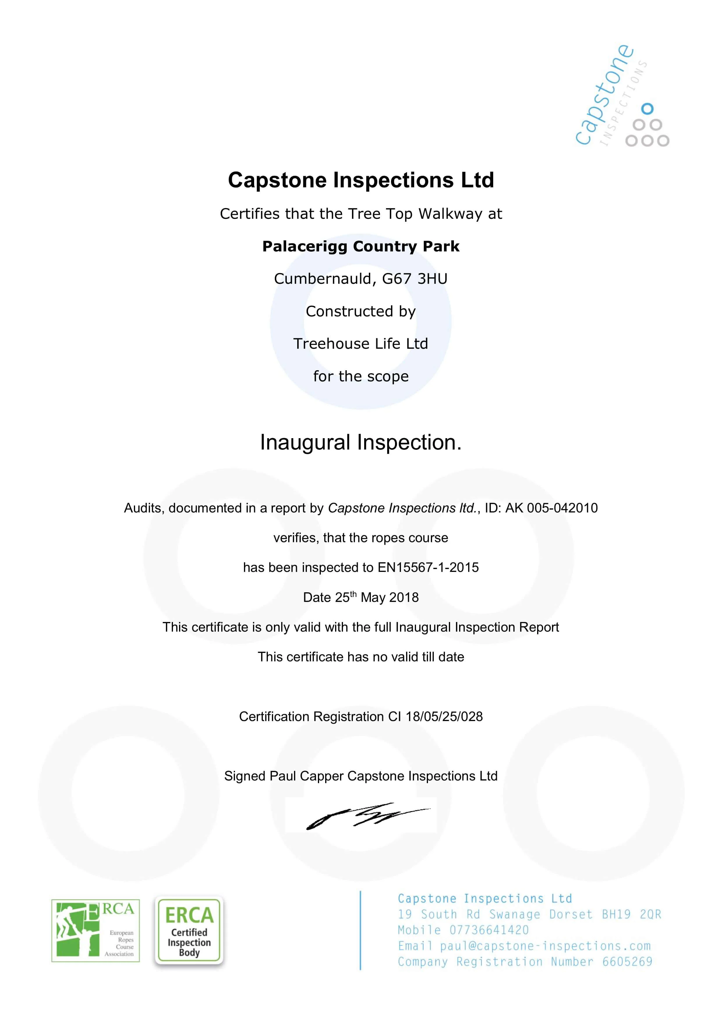 ERCA Ropes Course EN15567-1-2015 Inaugural Inspection