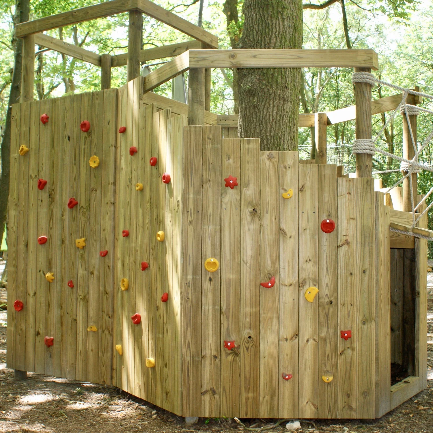 "...climbing and bouldering wall wrapping a woodland platform"