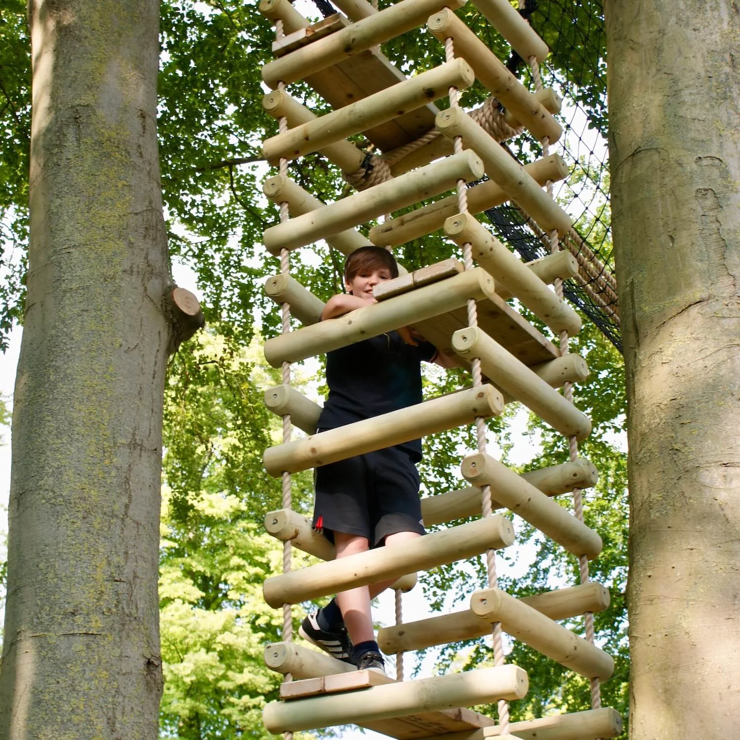 "...4-sided rope ladder between trees"