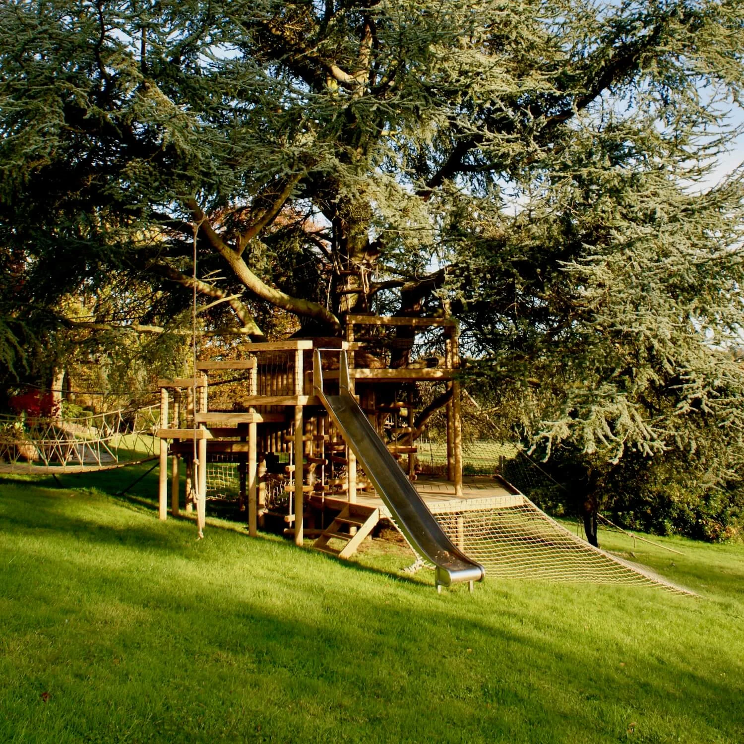 "...slide from a high treehouse deck"