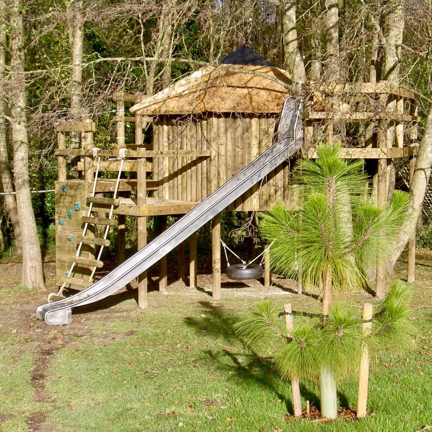 "...long slide exit from high treehouse deck"