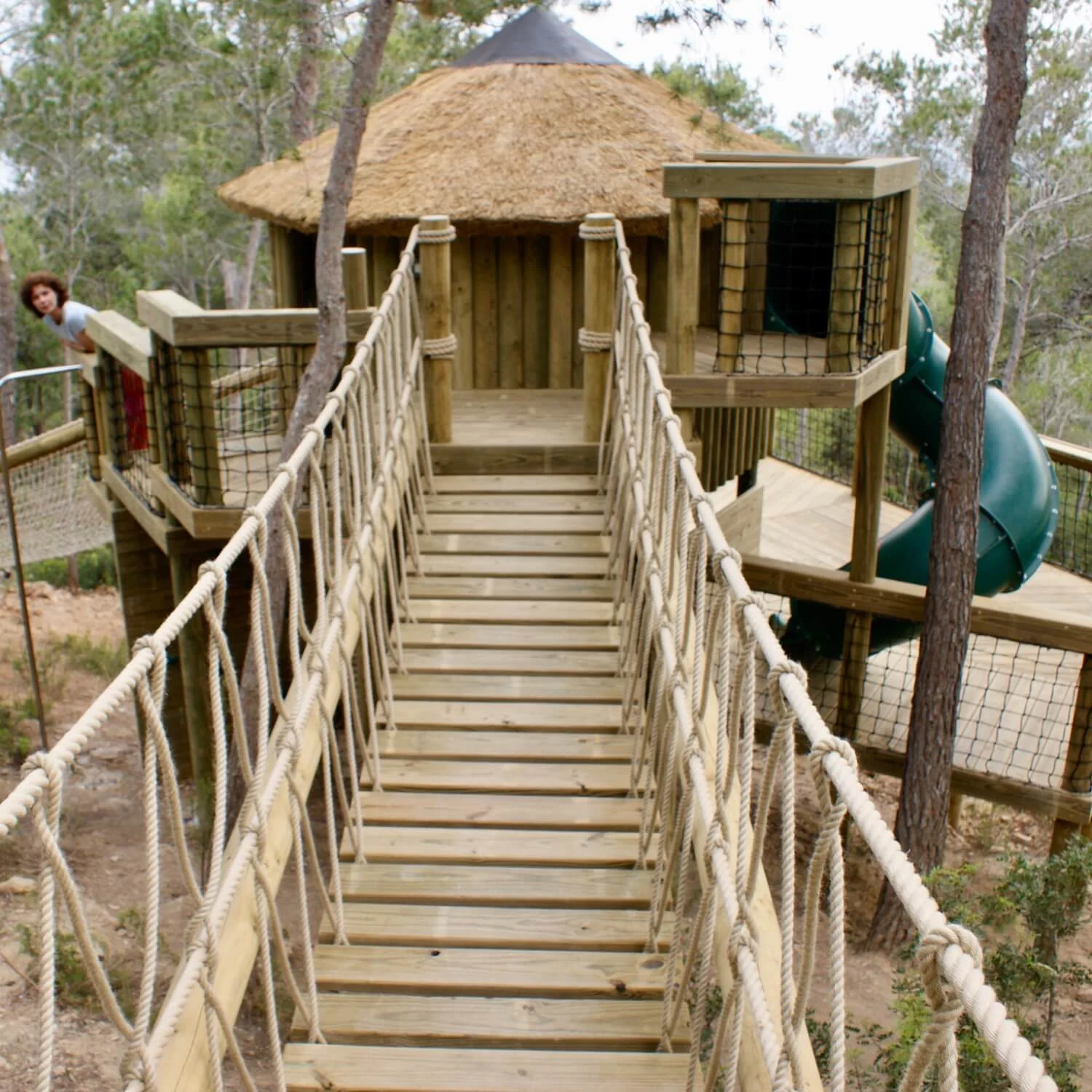 "...treehouse entrance rope bridge"