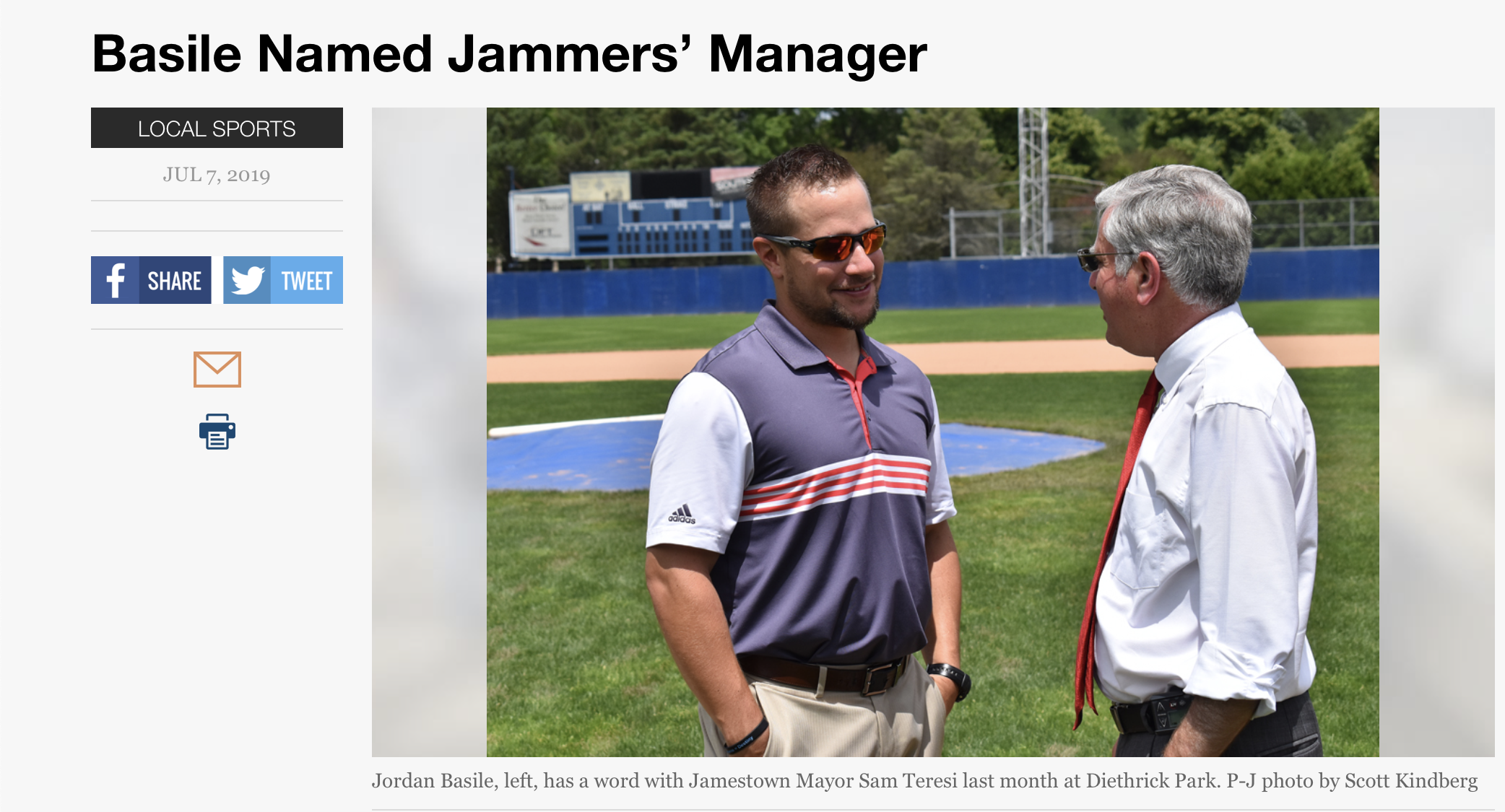 “Basile, a native of Jamestown and a graduate of Jamestown High School, was a standout baseball player at SUNY Fredonia and later served as assistant coach at his alma mater. He worked in player development for the Detroit Tigers during the 2011 season before securing a position as assistant coach for the University at Buffalo. While completing work on his MBA, he was assistant coach at Lake Erie College, and is currently the head baseball coach at Patrick Henry Community College in Martinsville, Virginia. He serves as an advisor to USA Baseball and is credentialed as a Certified Secrets of Champions integrated performance coach.”