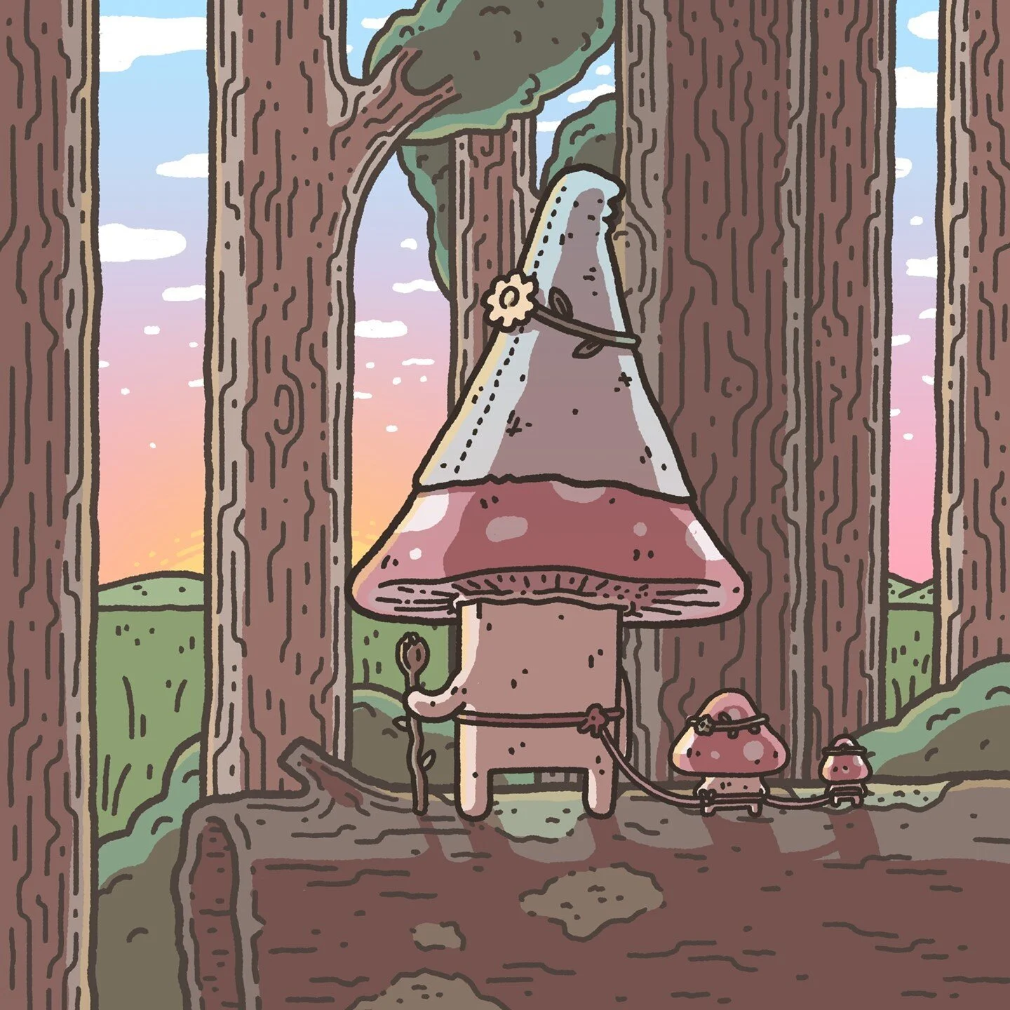 A mushrump wizard and two shrumpling apprentices, soaking in the sunrise after a long day's trek. ⁠
⁠
Once the sun  rises, they'll find a comfortable corner to wriggle into and sleep for the daylight hours, replenishing their energy to continue the l