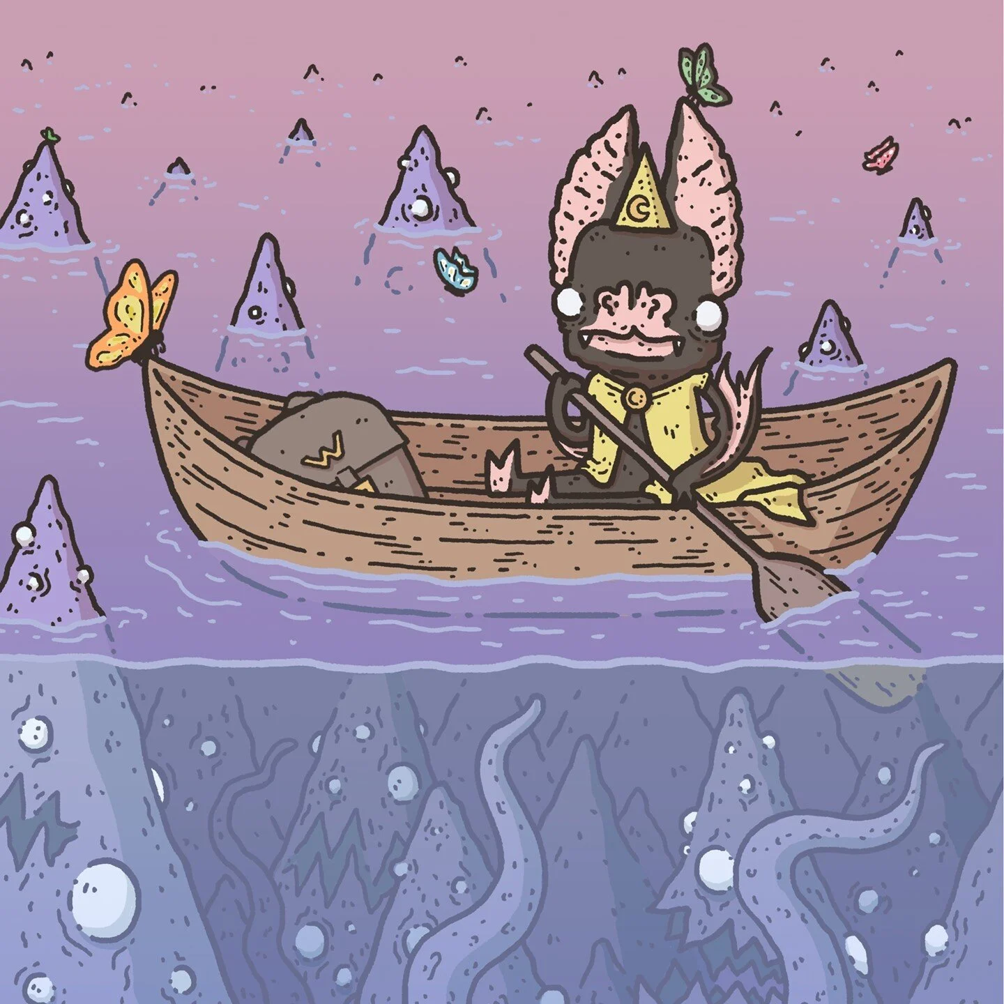 Grubo paddled out to the centre of the lake to admire the scene. The butterflies fluttered around, landing on place to place as they went about their business.