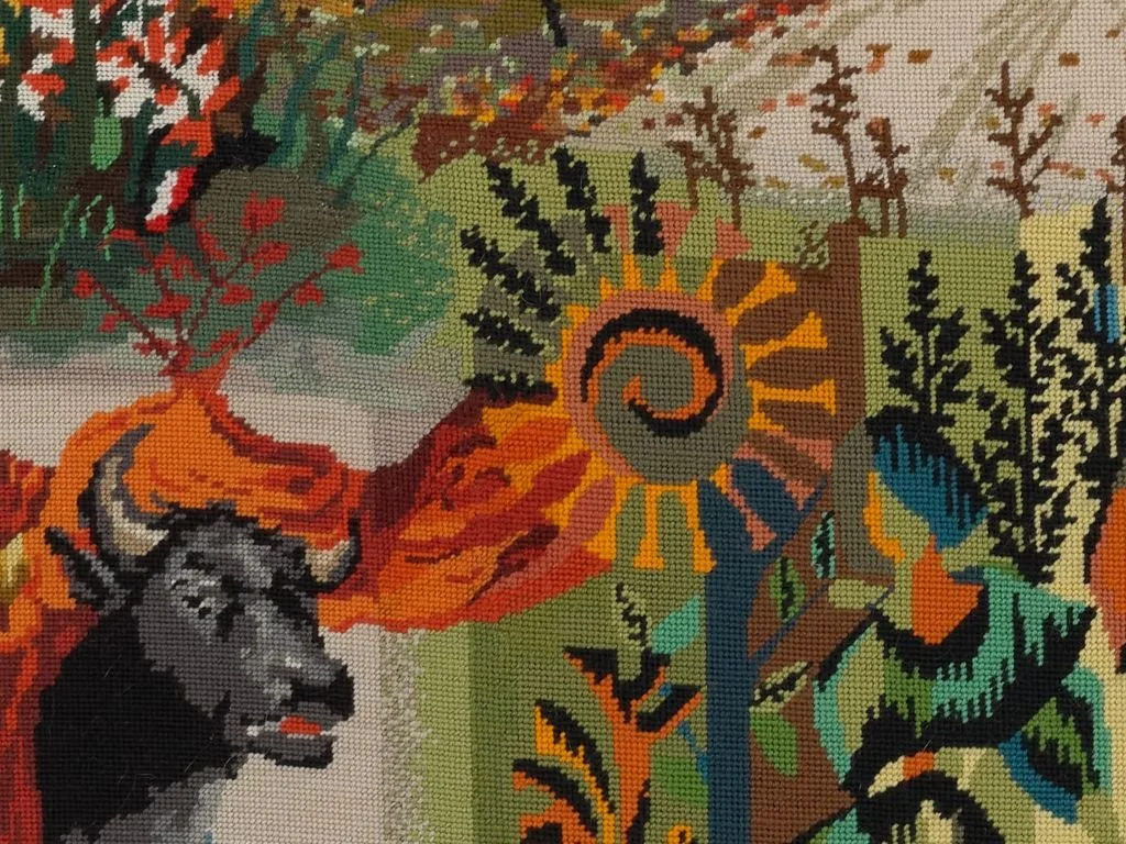 Mythology - detail
(unstretched & unframed) 2025. 358 x 126 cm. Wool on Needlepoint canvas.