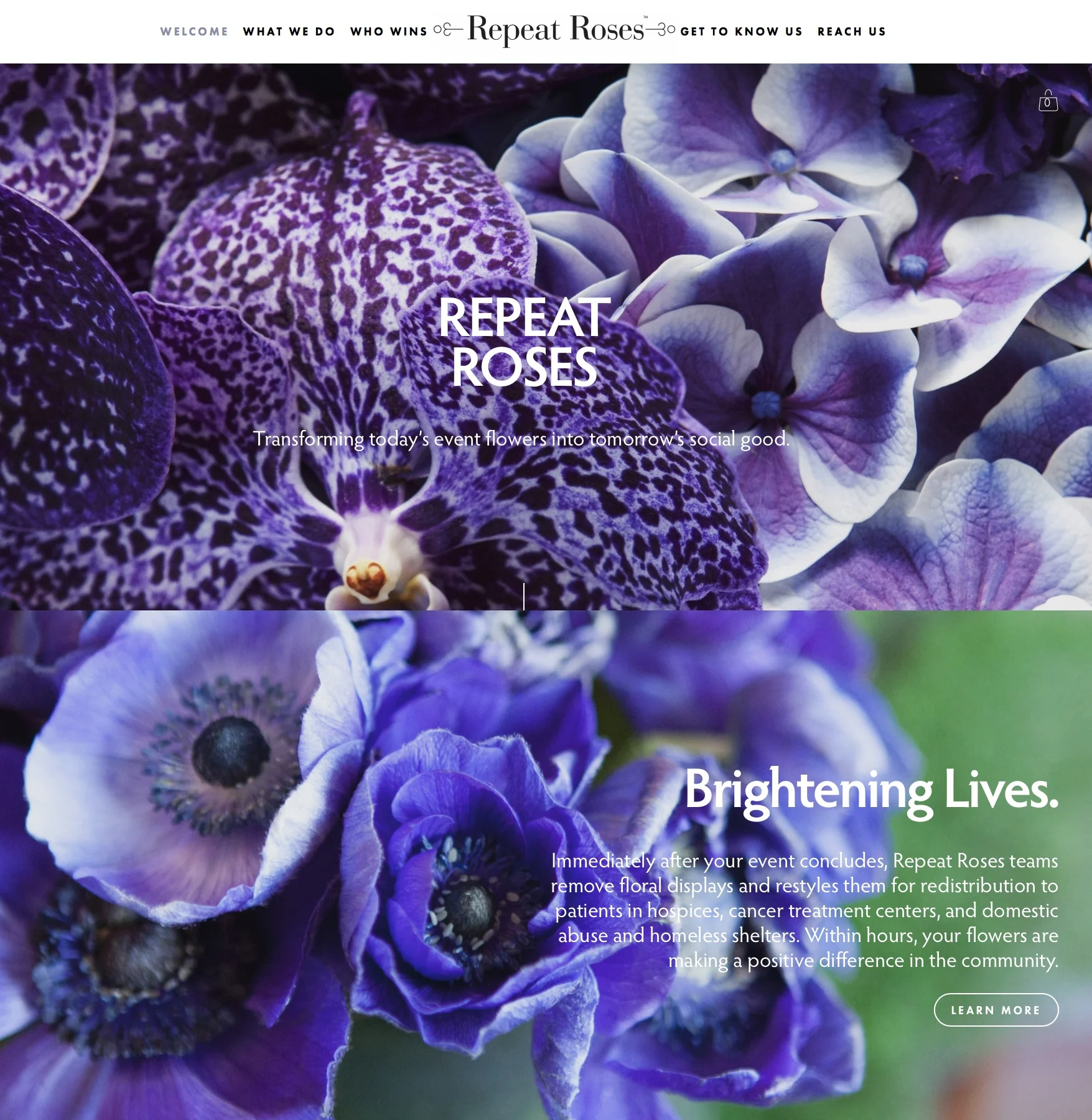 Repeat Roses Home page. Users are confused and often mistake the business for a charity. We have simplified the homepage and highlighted key service information, simplified the navigation and added call to action buttons that align with our user flow