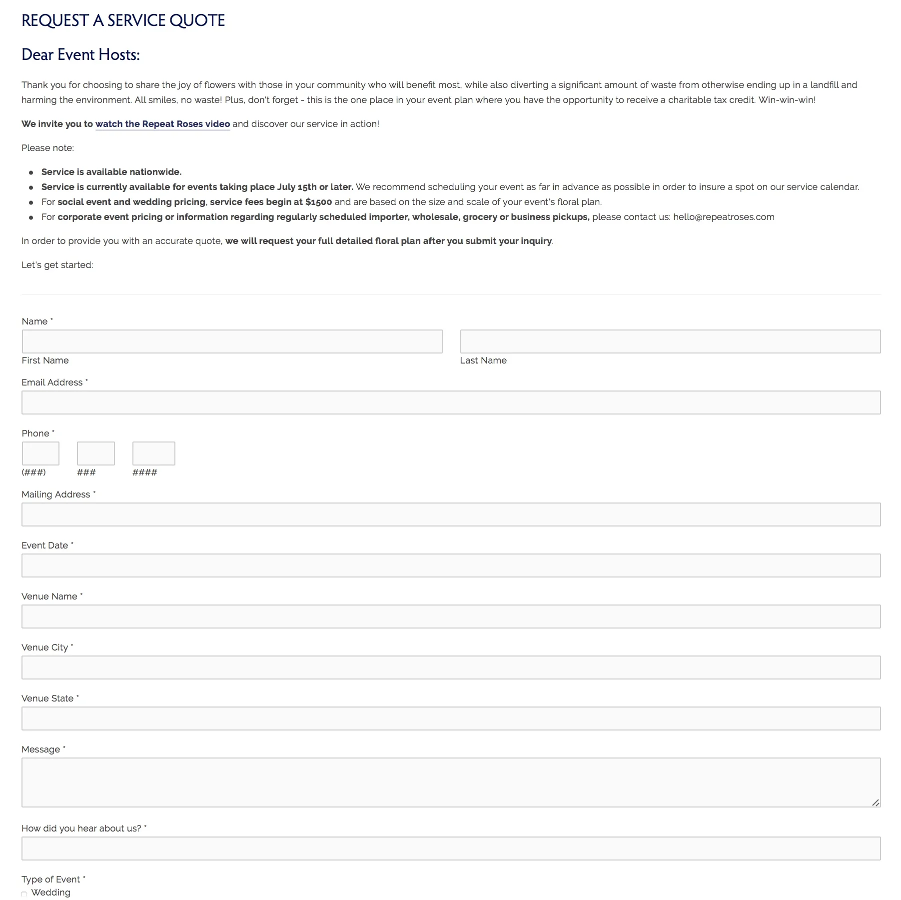 Requesting a service quote is buried in the top navigation. We also decided to change from a web form to an interactive quote animation.&nbsp;