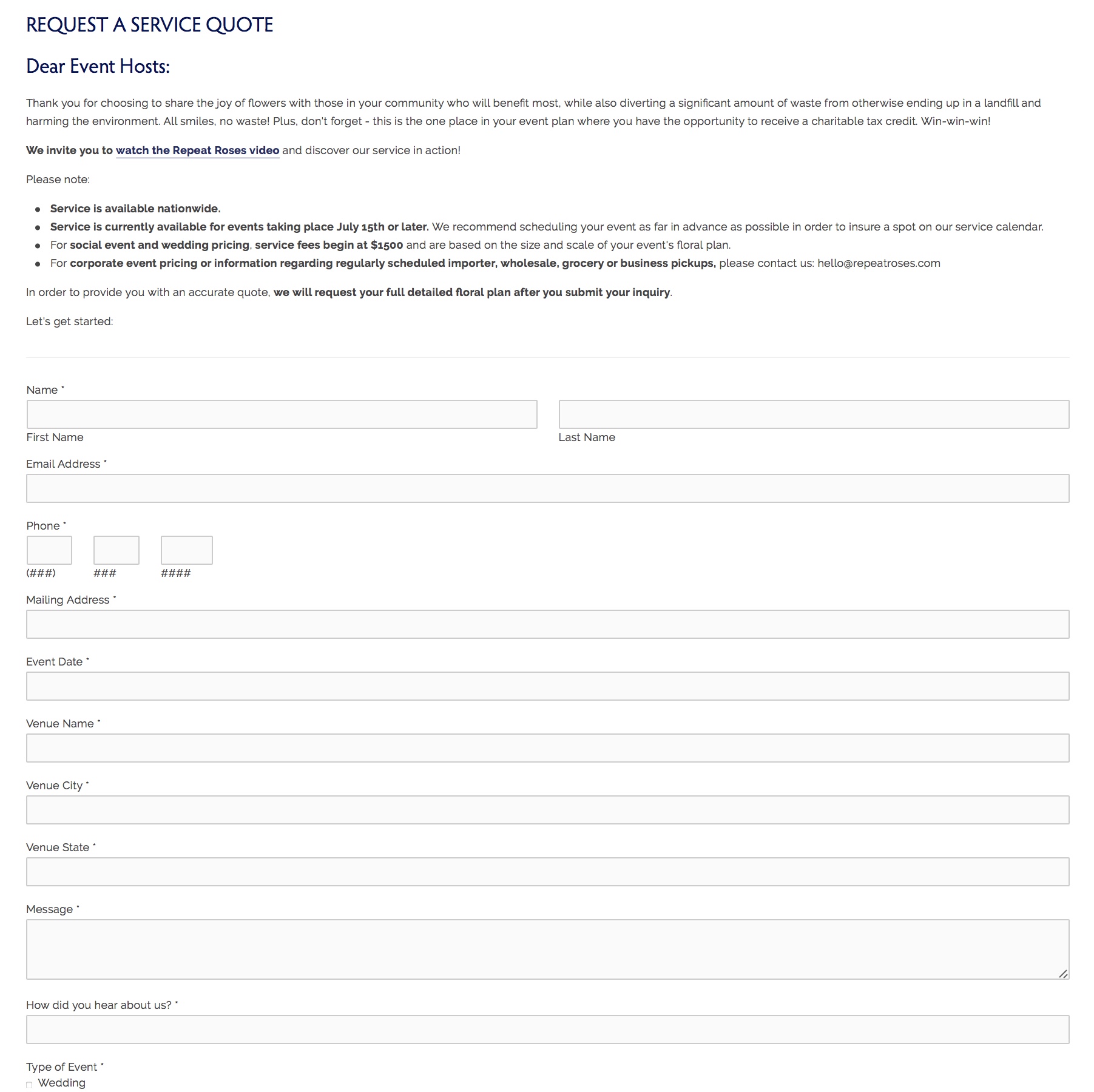 Requesting a service quote is buried in the top navigation. We also decided to change from a web form to an interactive quote animation. 