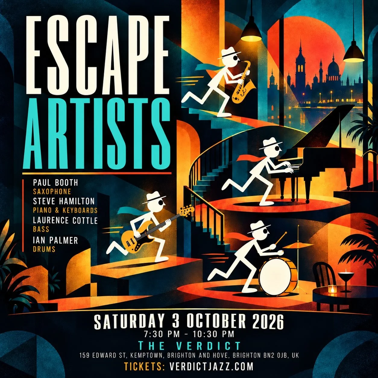 I just wanted to let you know that the first gig for Escape Artists is next Saturday evening at The Verdict in Brighton. 

It&rsquo;s always a privilege to play music with these fine gentlemen&hellip; 🙏🏼

Paul Booth &ndash; Tenor Saxophone 🎷
Steve