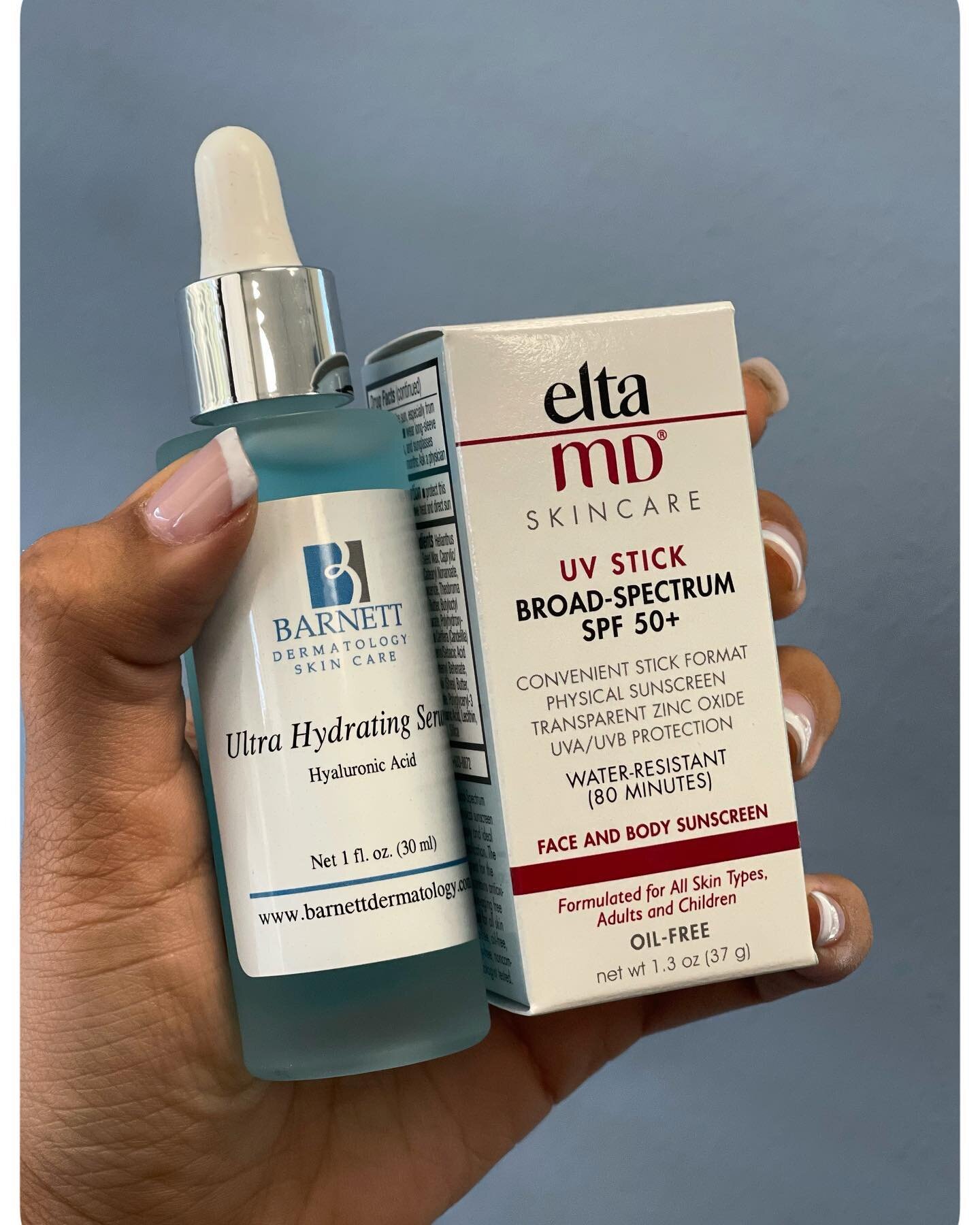 What are 2 must have skin products for this summer!? Dr. Barnett current favorites are the,

☀️Elta Uv Stick Sunscreen 
💦Hyluronic Acid Serum 

These products keep your skin protected and hydrated! Ordering is  now available on our instagram page💃 
