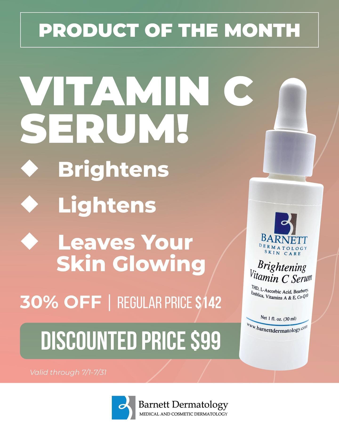 ✨The Product of the Month is our Vitamin C Serum✨
 
For the month of July our Vitamin C serum is just $99 😍

Q:Why use vitamin c serum? 
A: Vitamin C serum lightens &amp; brightens the skin. 

Q: Is it safe for all skin types? 
A: YES! All skin type