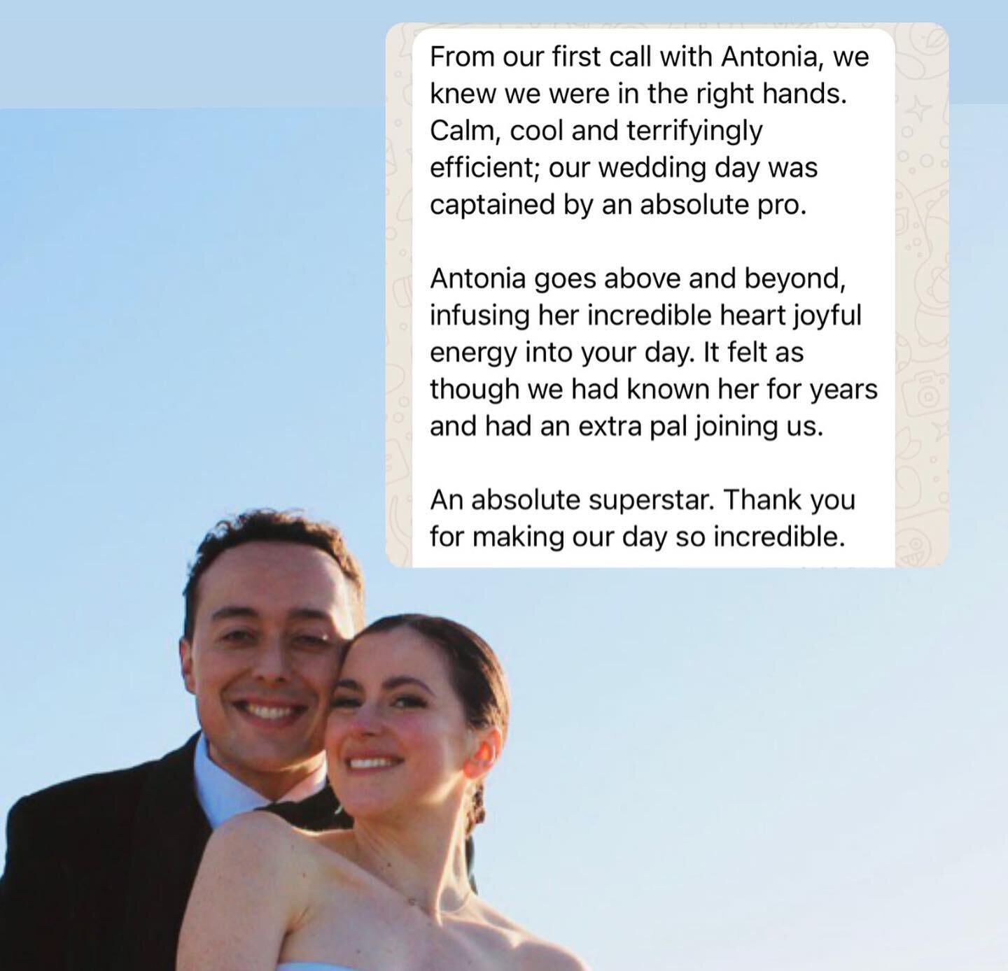 Review Time ⭐️⭐️⭐️⭐️⭐️

#ClientReview From our first call with Antonia, we knew we were in the right hands. Calm, cool and terrifyingly efficient; our wedding day was captained by an absolute pro. 

Antonia goes above and beyond, infusing her incre