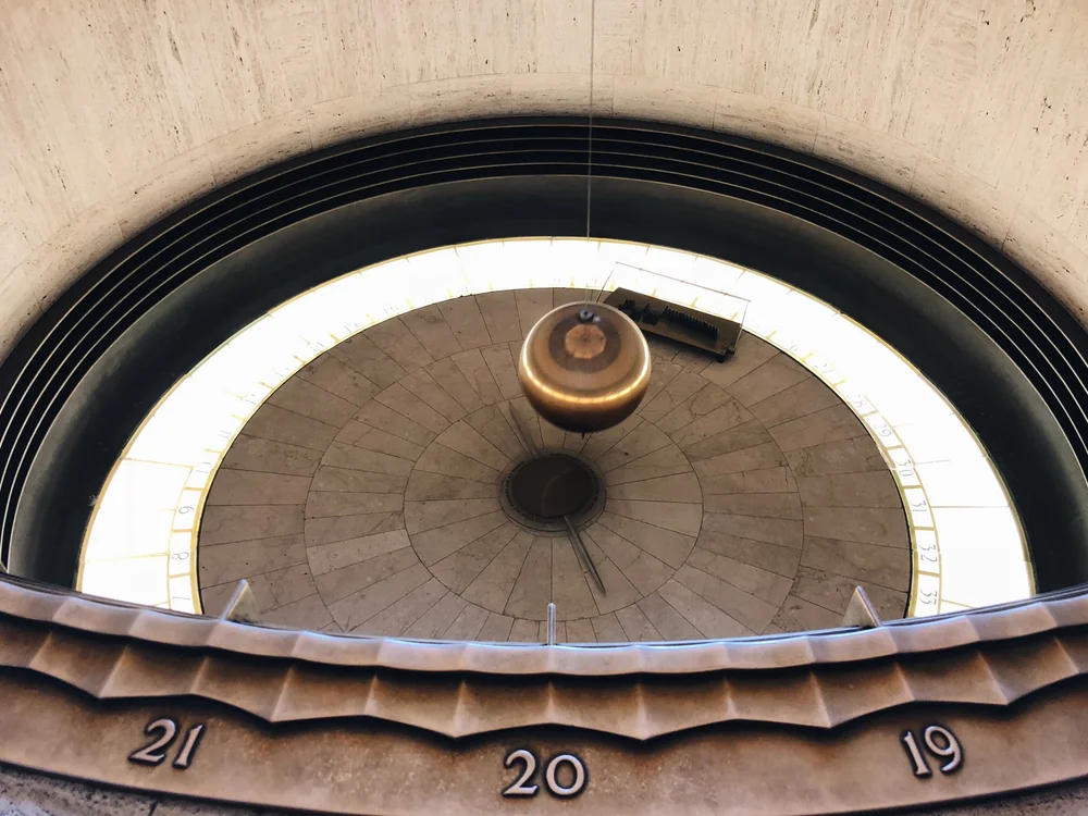  240-pound bronze ball, suspended by a cable 40 feet long, swings in a constant direction while the Earth turns beneath it. Takes roughly 42 hours to make the whole revolution. At the equator, this pendulum would not turn. 