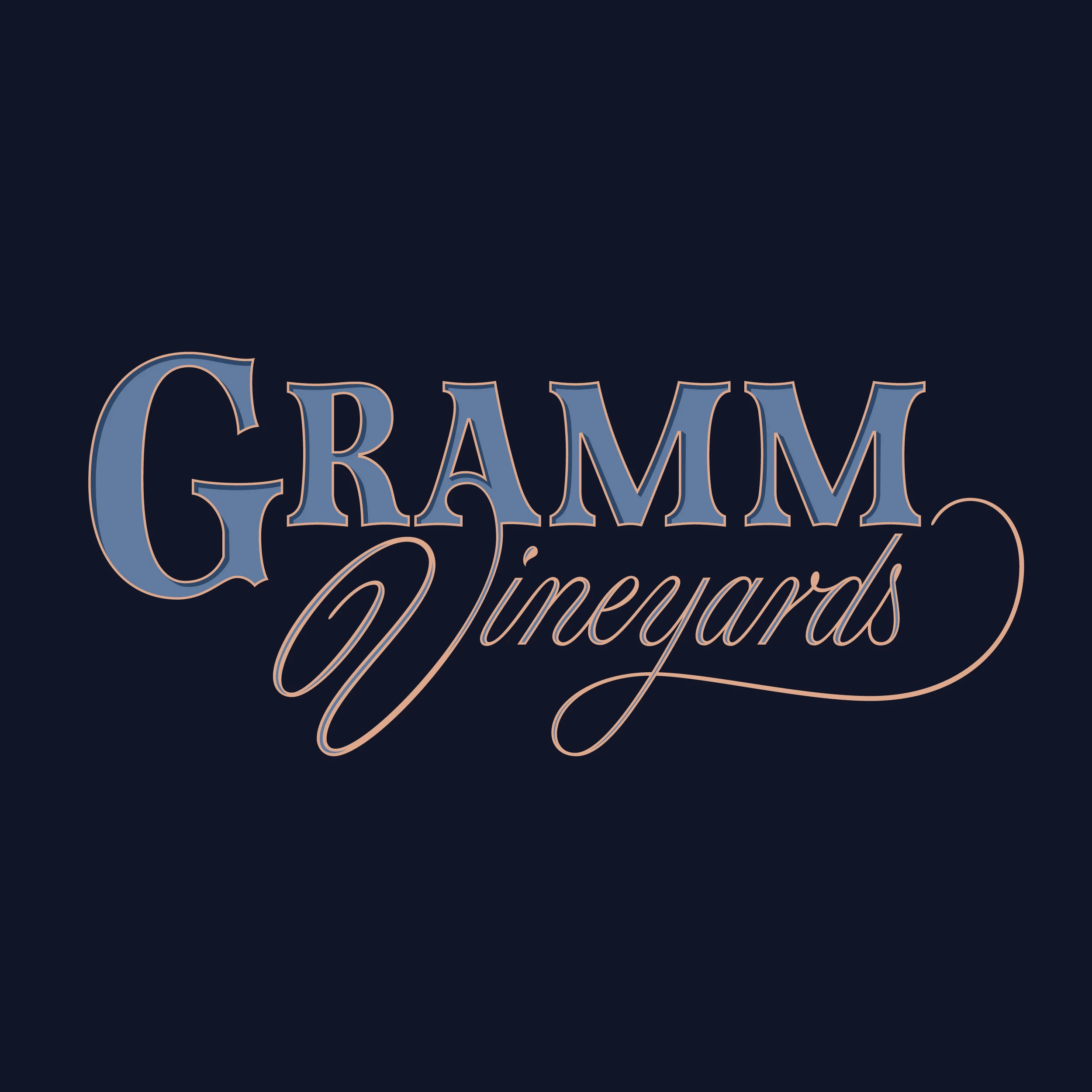 The client wanted Gramm to stand out in relationship to Vineyards , but did not necessarily want the secondary word to fall to the background. Instead of utilizing size as the main differentiation which might cause Vineyards to be lost, I gave Gramm a bold weight with simple shadow detailing, and gave Vineyards a soft and flowing script that connected to the top word.