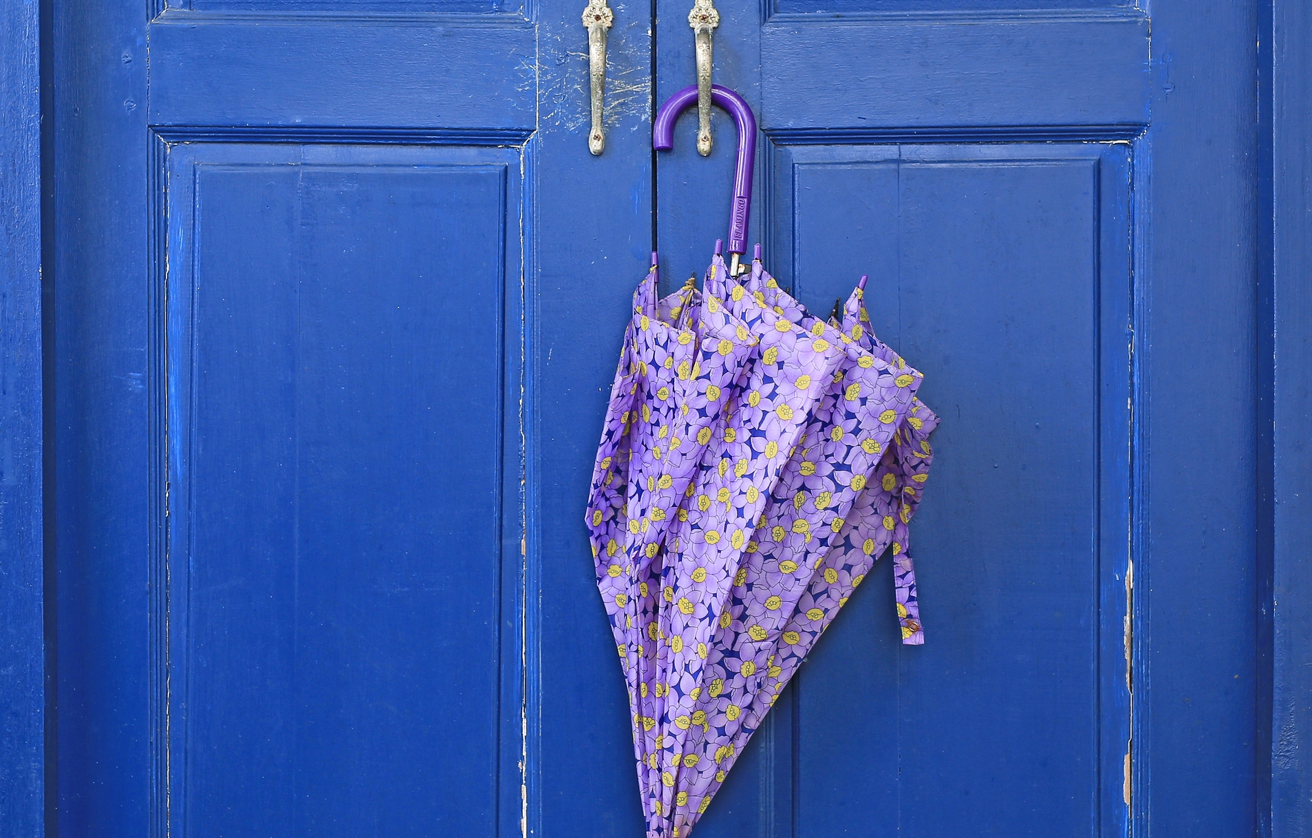 Image: A purple umbrella hangs on the handle of a worn blue door. 