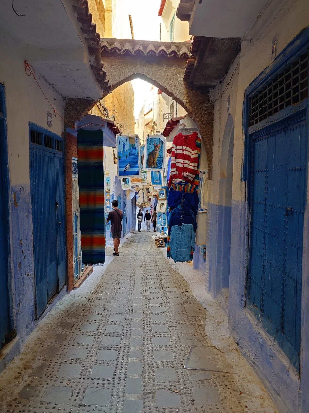 Narrow cobblestone street in a Mediterranean town with blue doors and a decorative archway, featuring hanging clothes and paintings on display.
