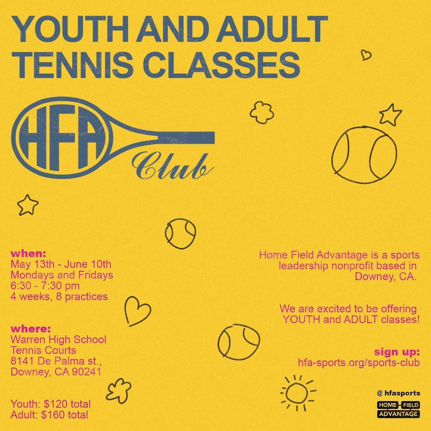 It&rsquo;s the summer of tennis 🤩🎾🎀🌞

Come train with the HFA Downey Tennis Club! We are super excited to be providing recreational Youth &amp; Adult Tennis Lessons at Warren High School! 🎾

4 weeks! 8 practices! 
May 13th - June 10th 
Mondays a