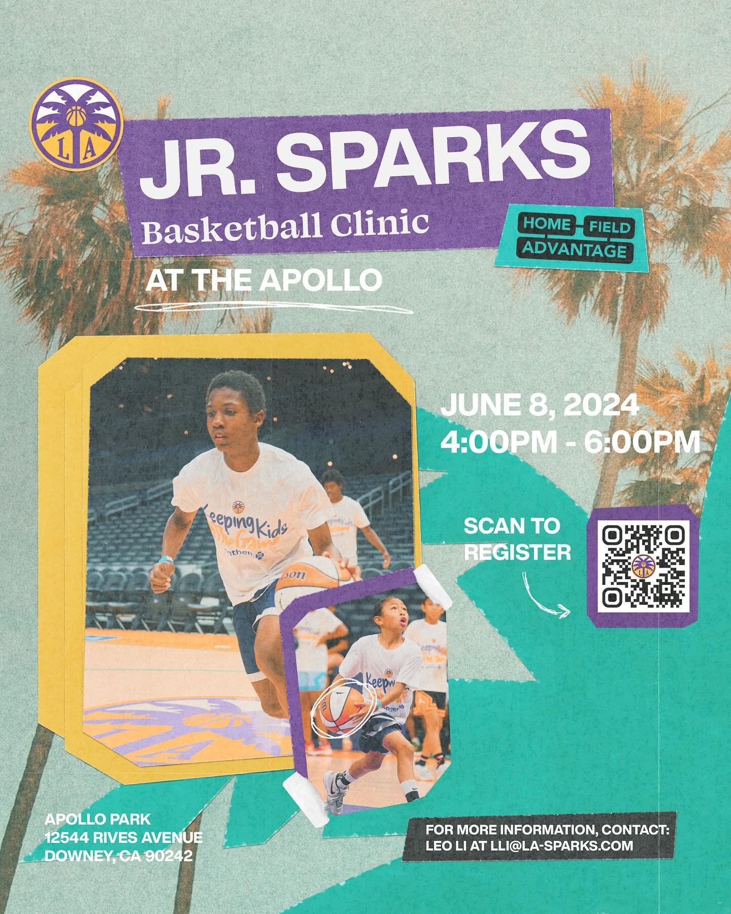 Home Field Advantage is partnering with LA Sparks! 🏀🥳🌴

Join us for the JR Sparks Basketball Clinic tailored for beginners and intermediate, where boys and girls will hone their skills and ignite their passion for basketball.&nbsp; Our clinic focu