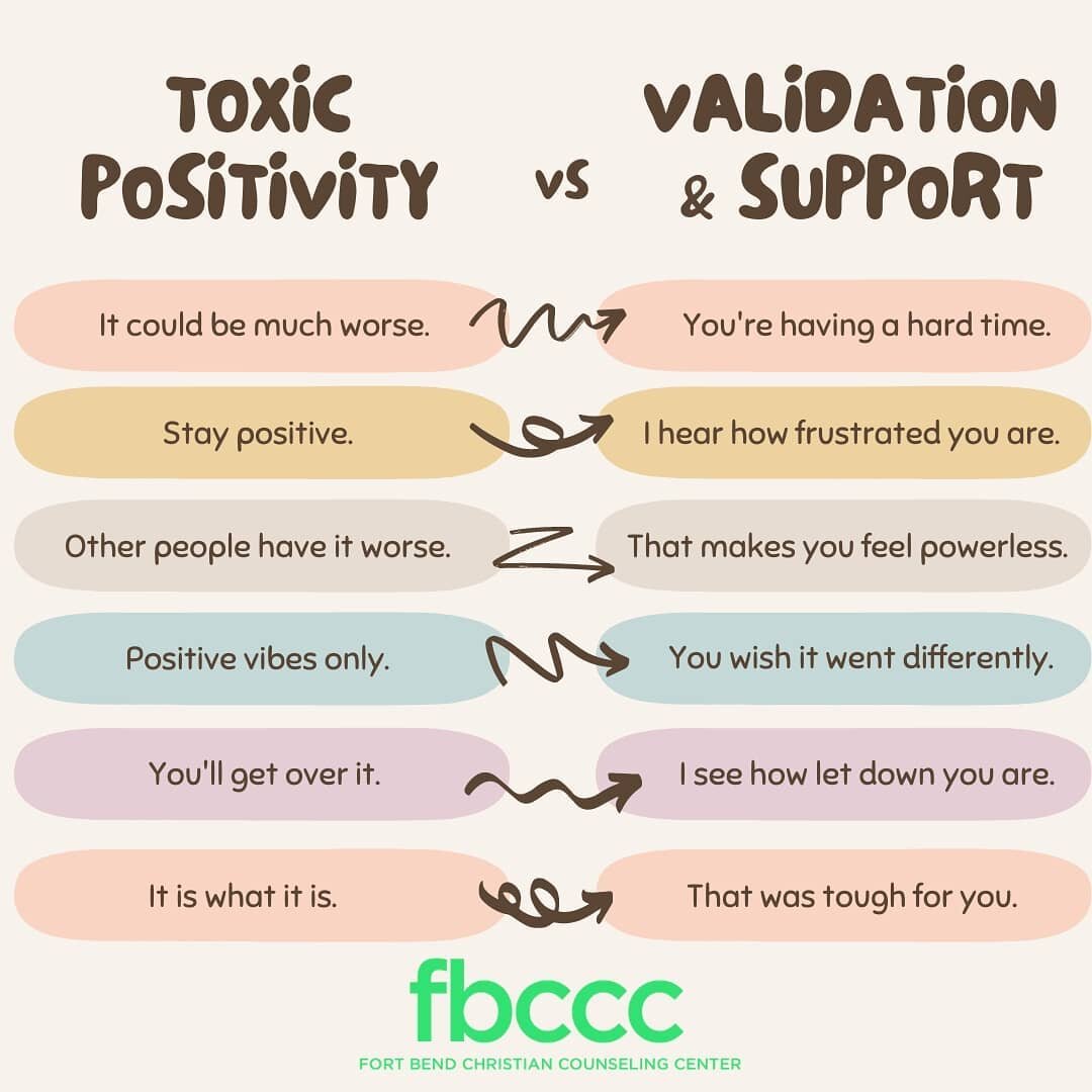 Toxic positivity is avoidance of uncomfortable emotions and topics. It is helpful to listen and validate all feelings and thoughts shared even when we might feel different. It&rsquo;s about normalizing that feeling not okay is okay.

#FBCCC #FortBend
