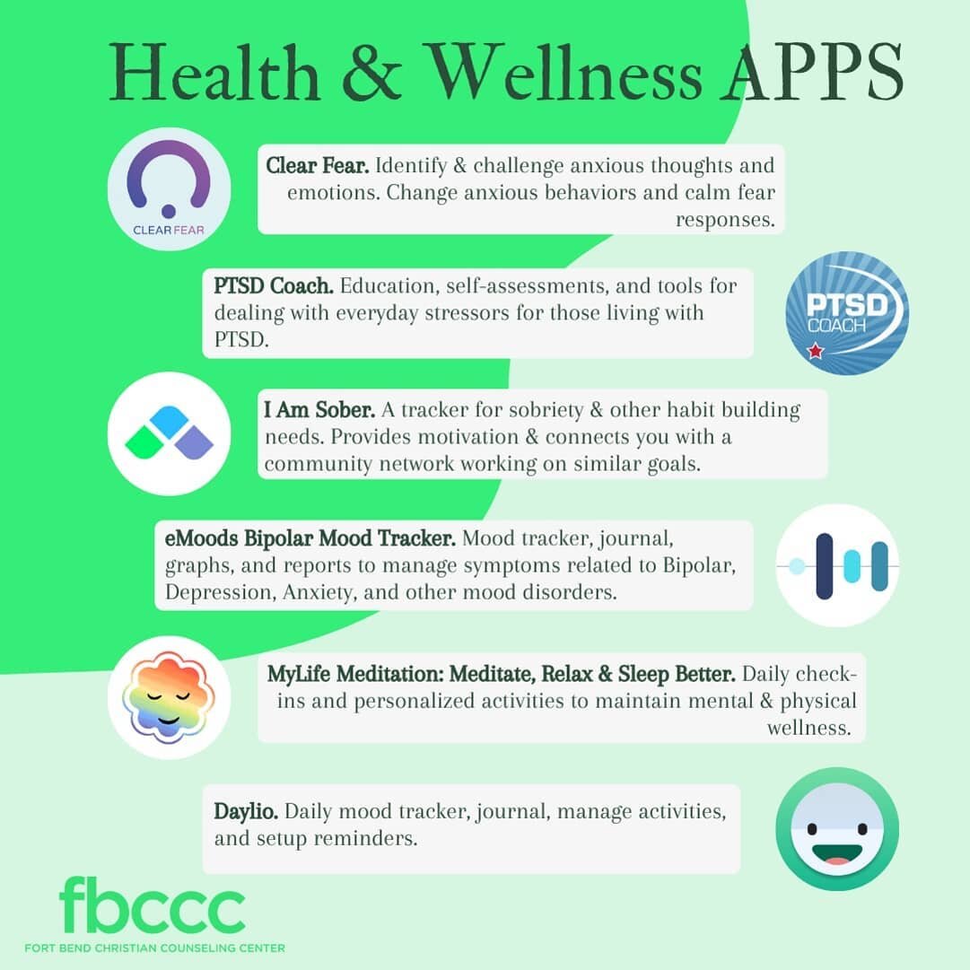 Some health and wellness APPS to aid in your therapeutic journey. 

#MentalHealthMatters #FortBendCounty #Houston #RosenbergTX #HealthAndWellness