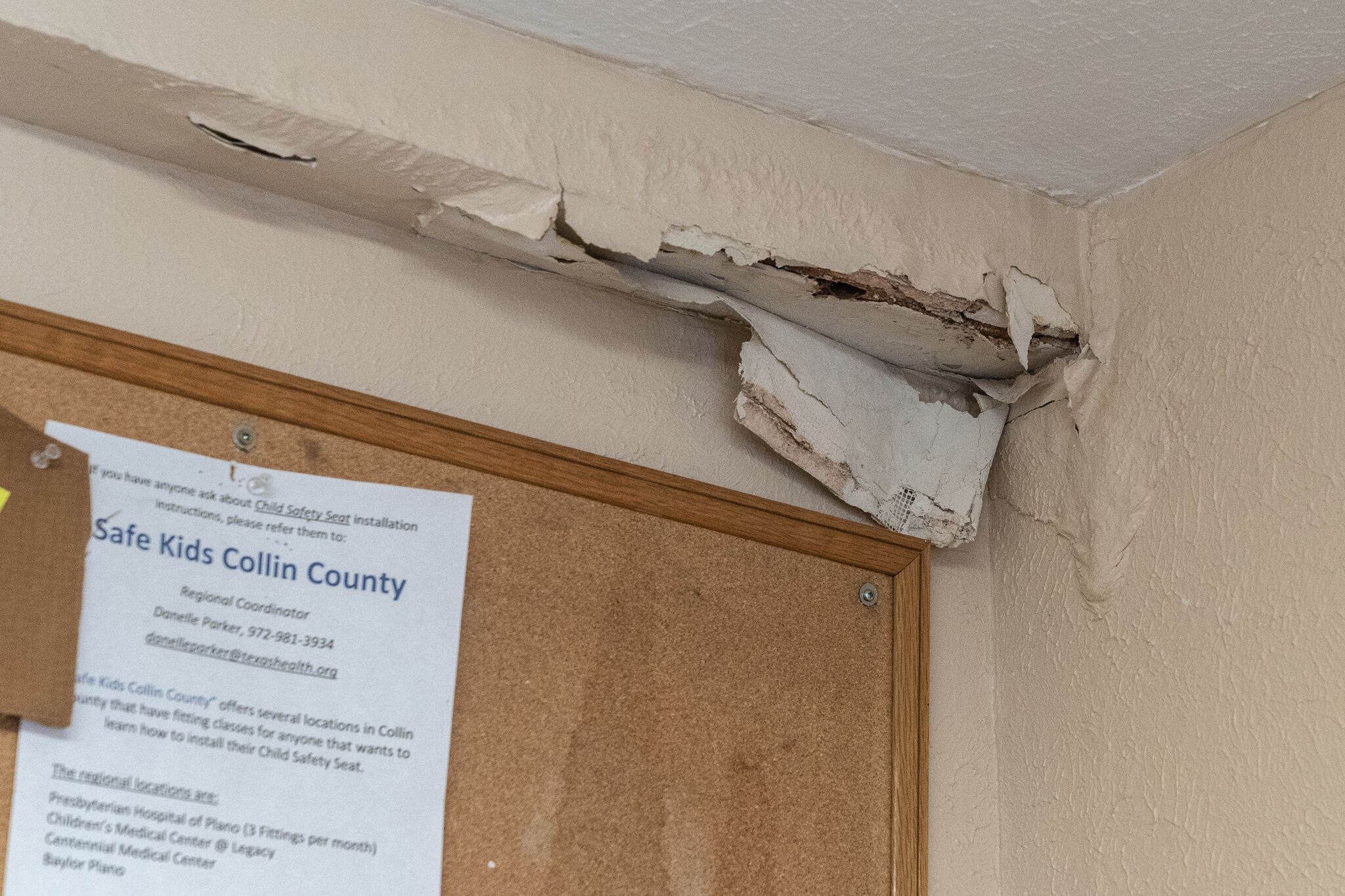 Water leaks have damaged many interior walls.