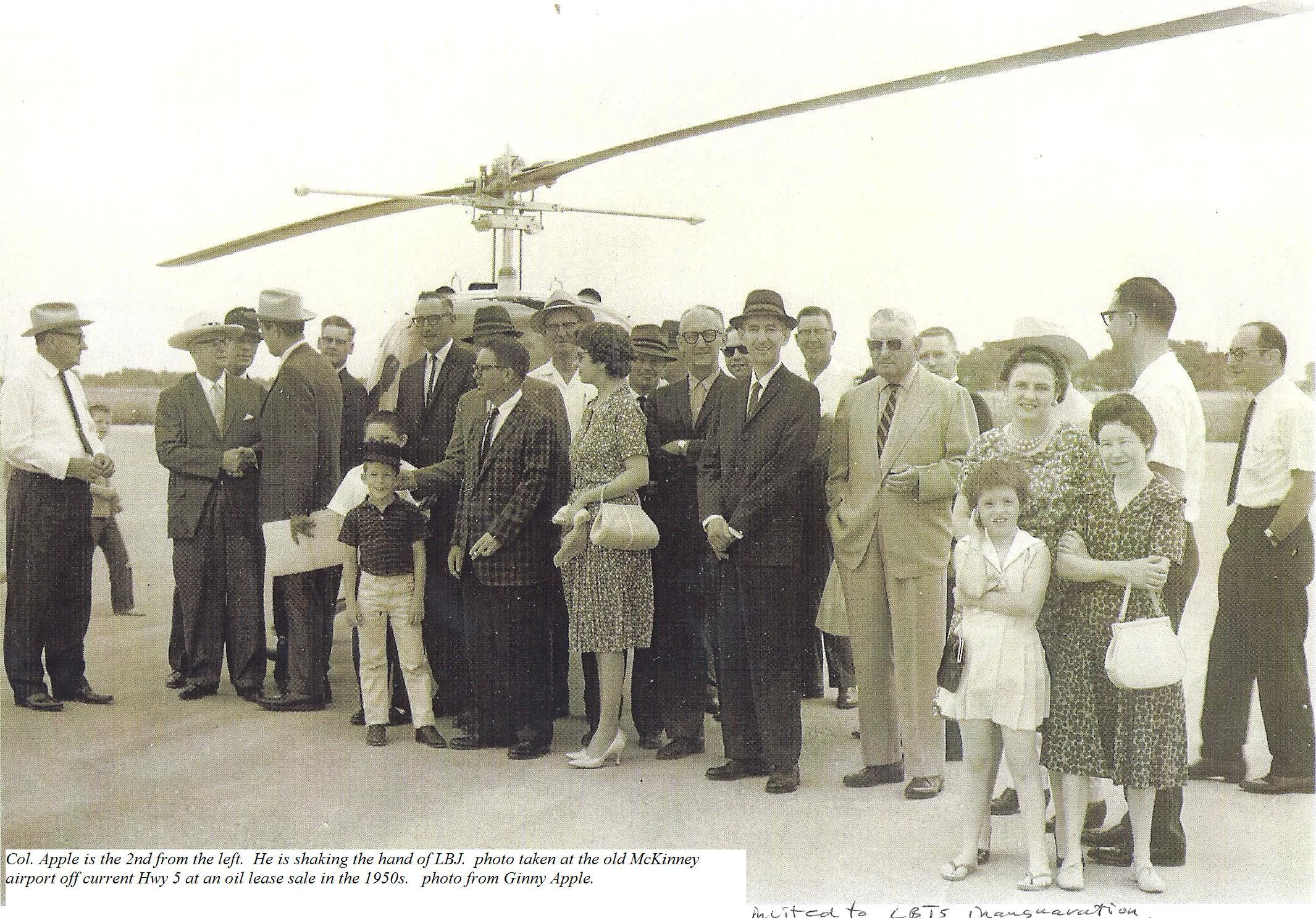 Col. Apple (second from left) shaking hands with former president, then senator, Lyndon B. Johnson at the old McKinney Airport. LBJ was here to attend an oil lease sale in the 1950s.