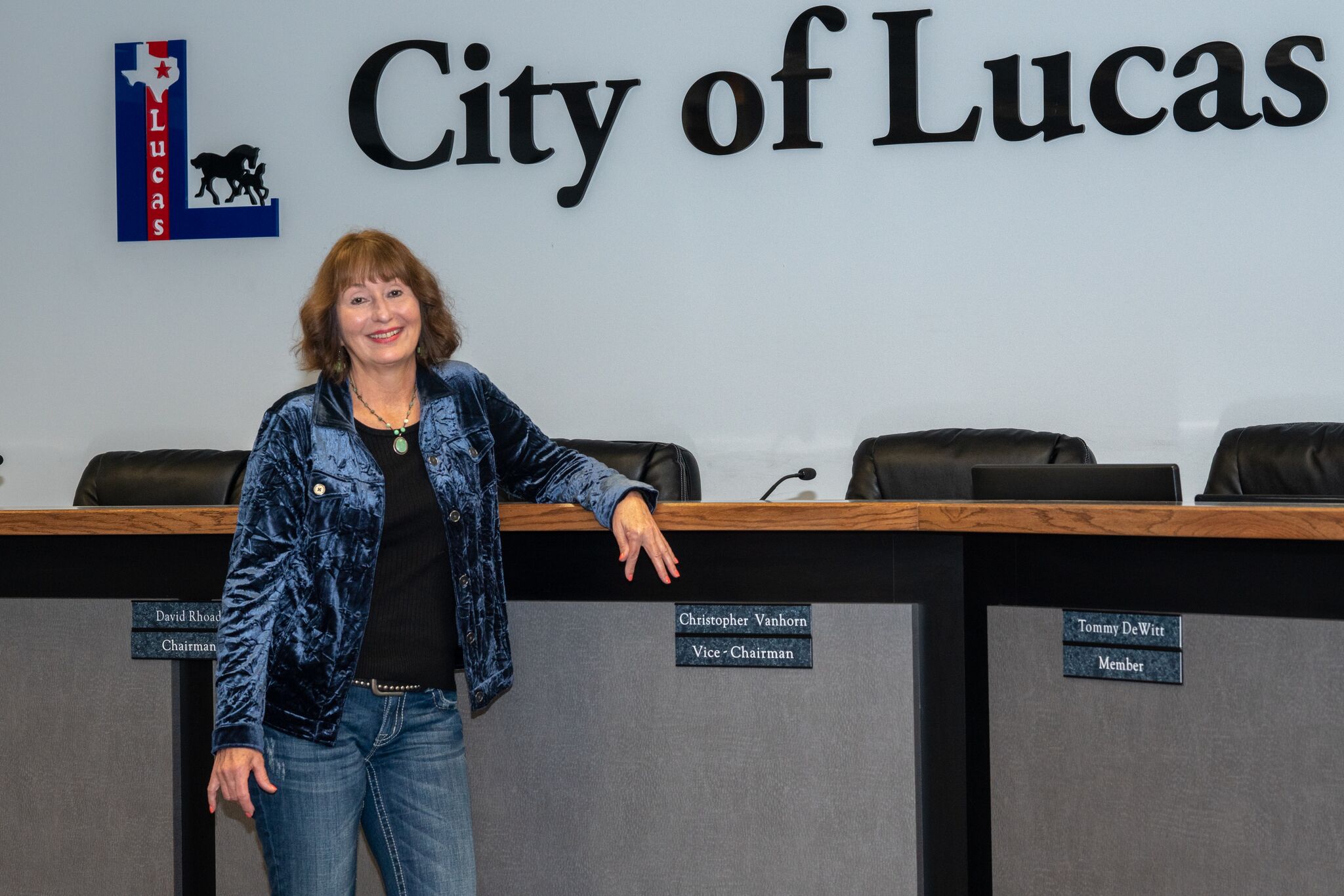 : Joni Clarke, City Manager of Lucas since 2014, in Council Chambers.
