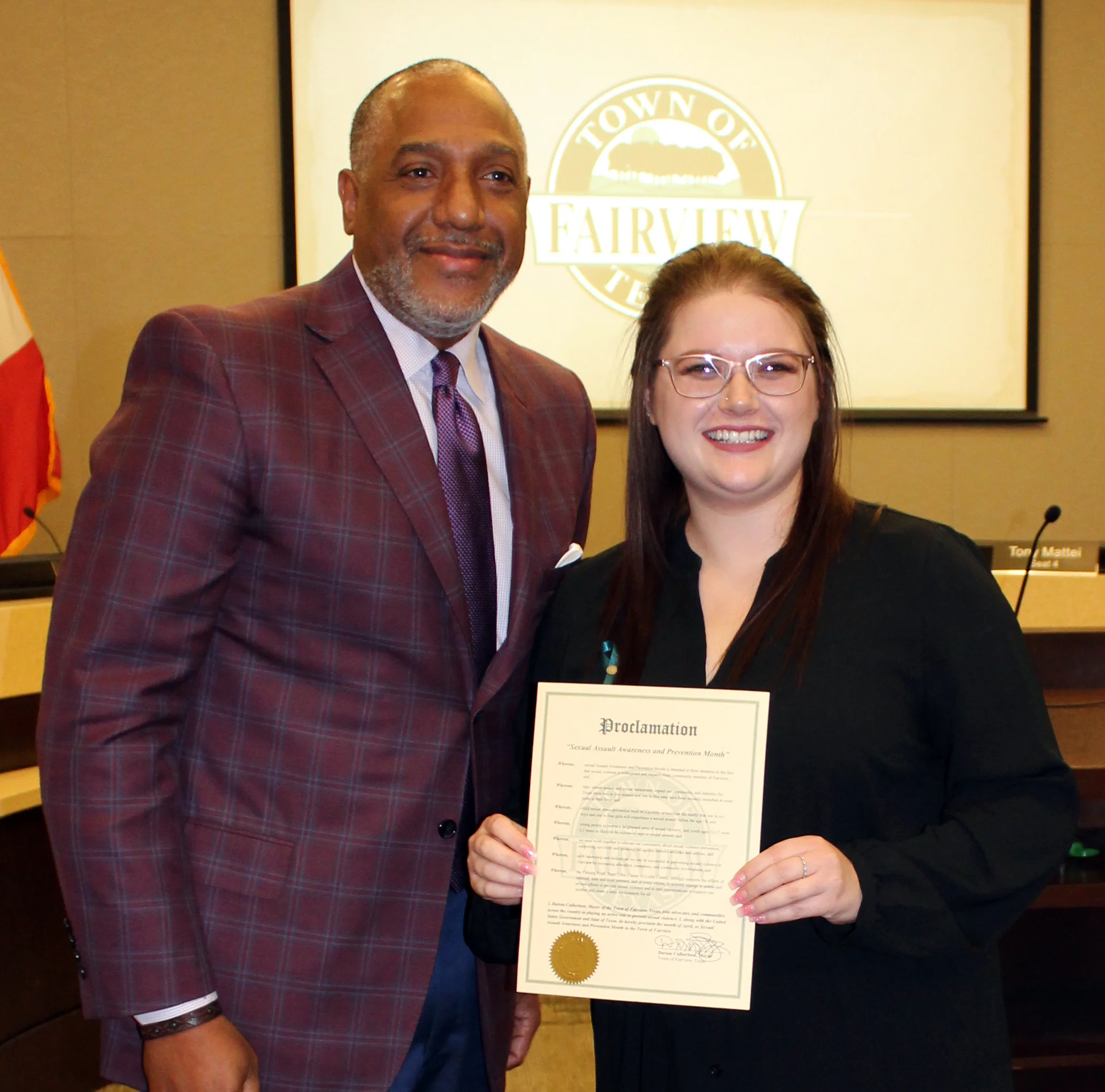 A representative of The Turning Point accepted the proclamation from Mayor Culbertson declaring month of April 2019 as Sexual Assault Awareness Month in the Town of Fairview.