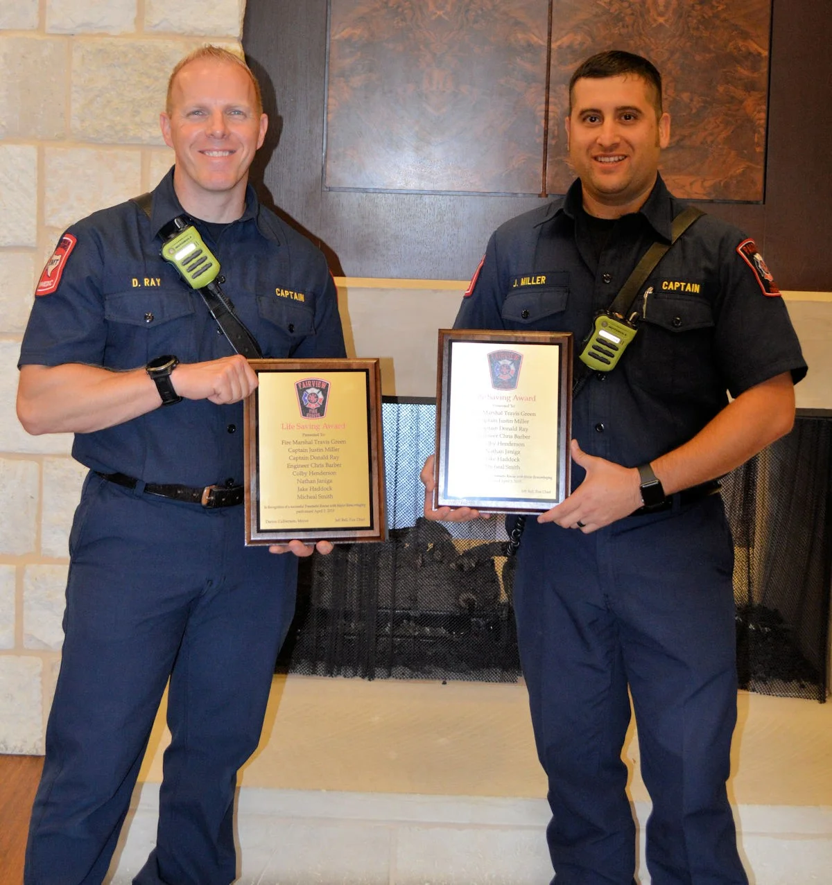 (From left) Captain Donald Ray and Captain Justin Miller during the Life Saving Certificate presentation.