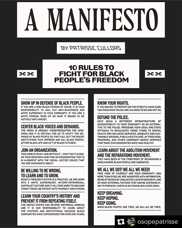 Rules to live by. Keep going. We&rsquo;re going to be fighting for a long long long time. Thank you, @osopepatrisse , for your leadership.
&bull;
Repost from @osopepatrisse
&bull;
1. Show up in defense of Black people. 
2. Center Black voices and Dem
