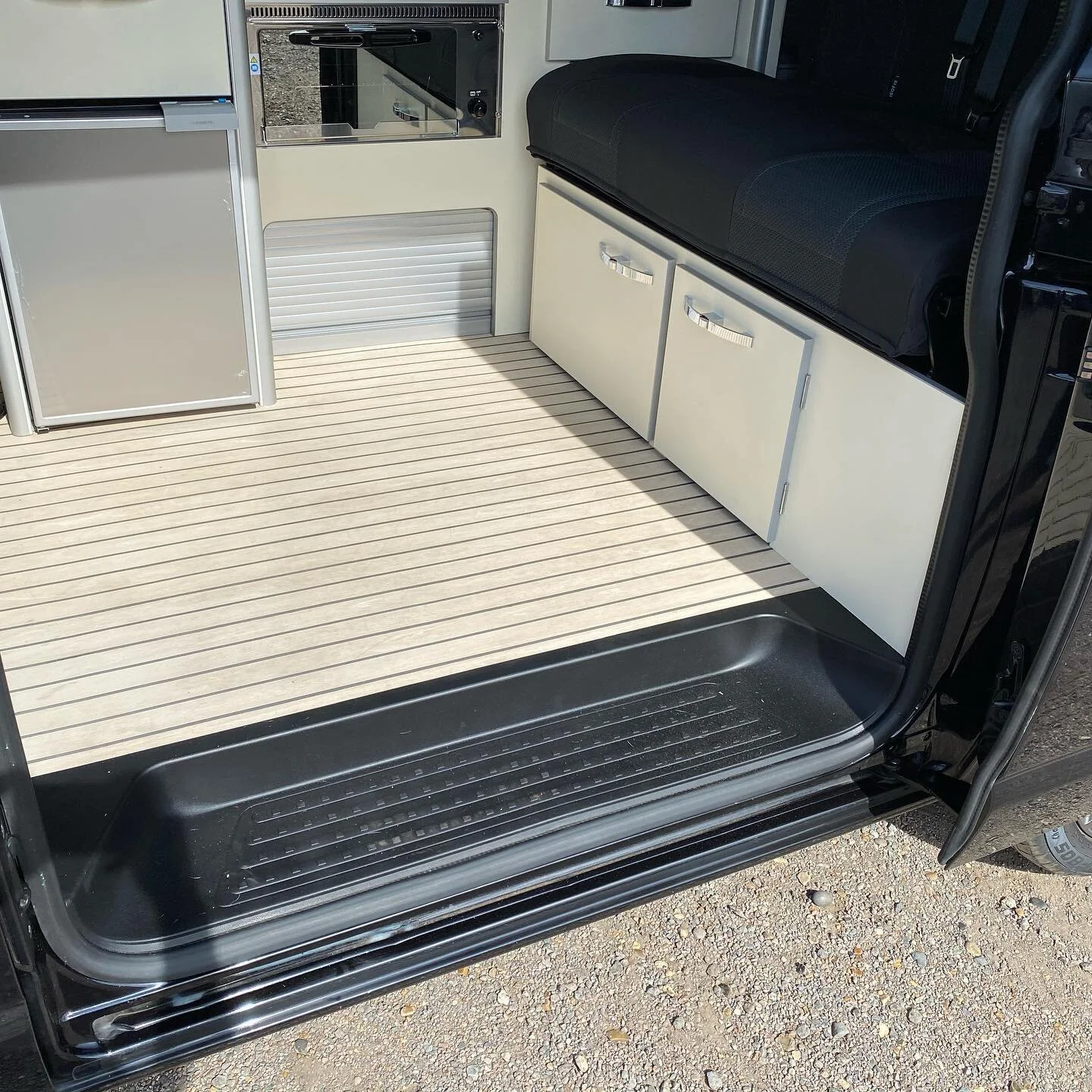 Installation for a T6 camper van in weathered Flexiteek. Looks brilliant!! #flexiteek2g #rofixrestoration #t6 #campervan #vw #lifeontheroad #camping #campinglife #t5 #t6camper