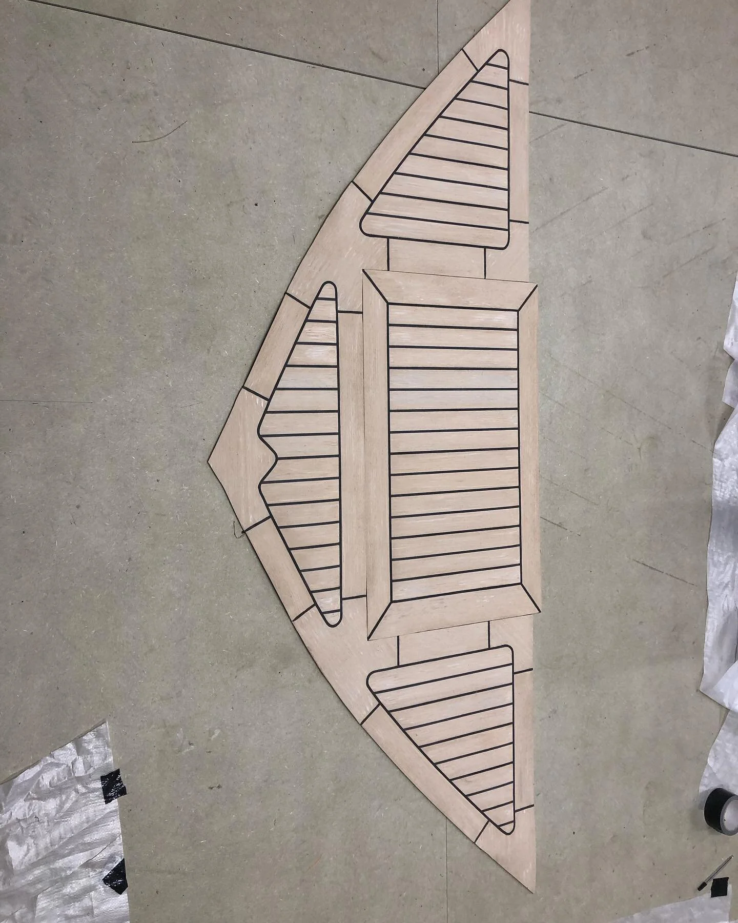 Great looking bow section of a 60ft deck we&rsquo;re building. Looking forward to seeing this on the boat next week. Colour is faded with black line. #rofixrestoration #flexiteek2g #finesse #finesseboats #widebeamboat #decks #inlandwaterways #boating