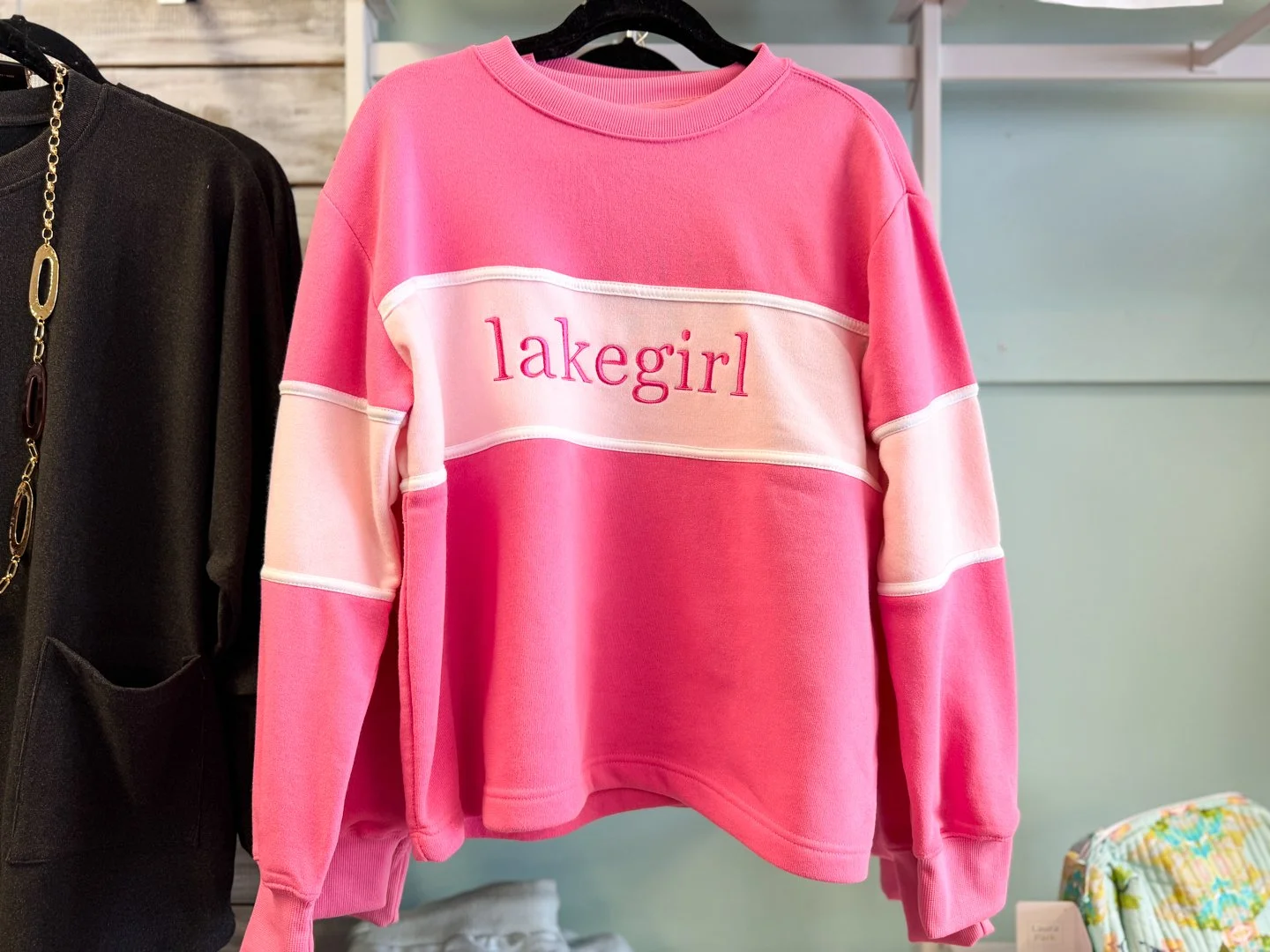 Classic pink and white Lakegirl crewneck sweatshirt