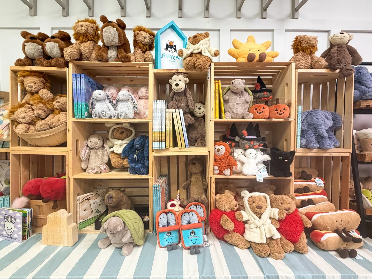 Plush toys, including stuffed bunnies, bears, and seasonal characters