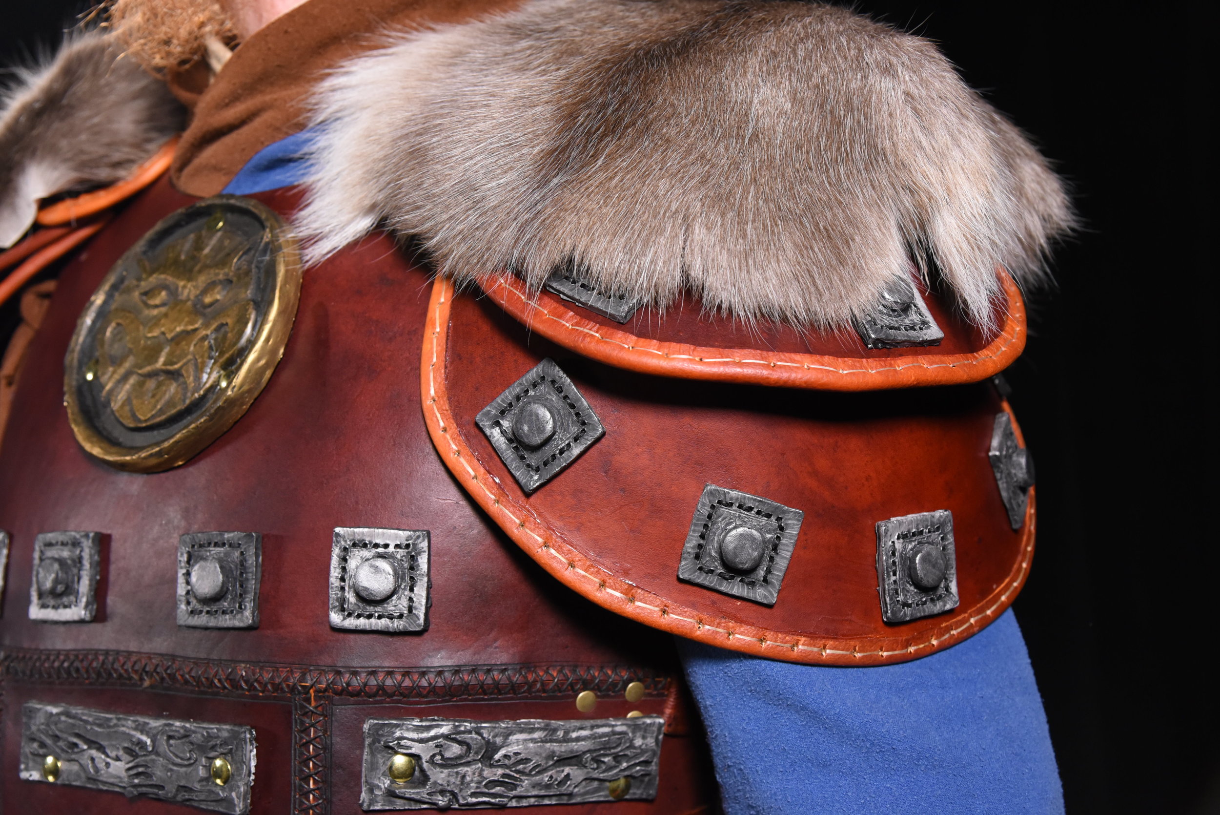  Detail of Armor.  Resin cast “plates”  Leather pauldrons and cuirass  Reindeer hide accents 