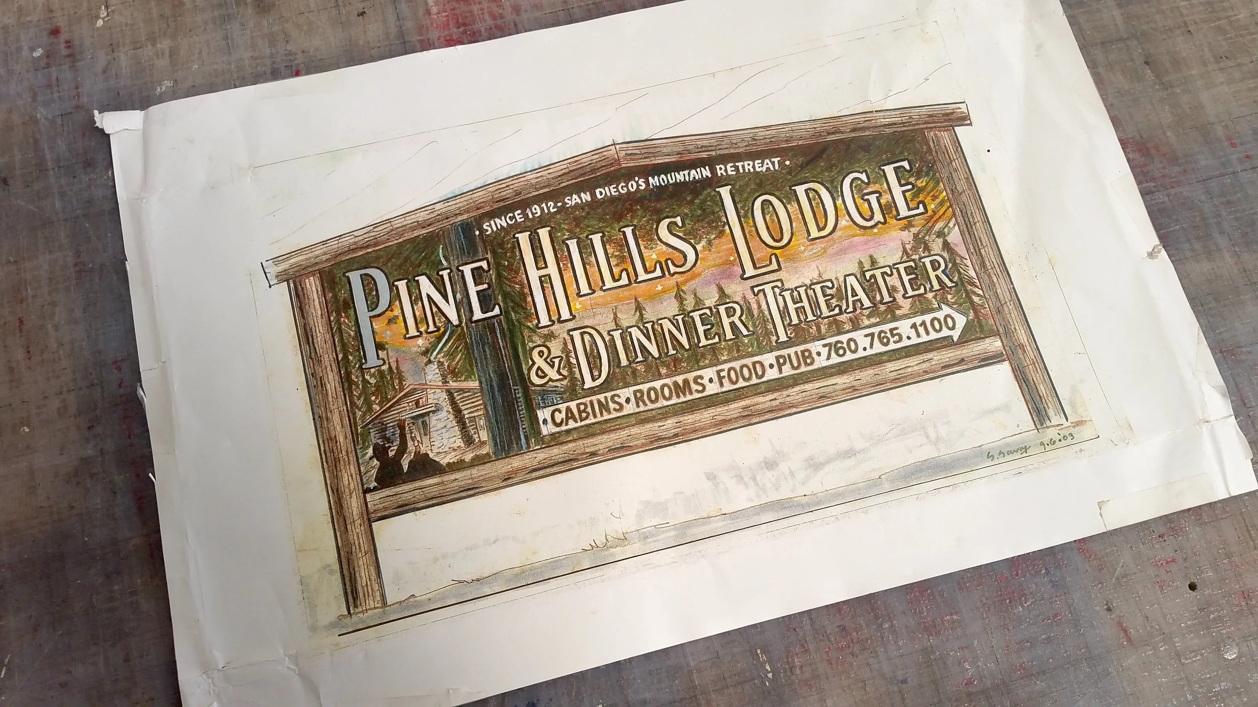 Back in the day, the professional sign painter made mockups to show the client what their sign would look like by hand painting the scale drawing. It would also work as the on-site key for reproduction at full size. The photo above is the original drawing provided to my client. I scanned it and imported into Illustrator.