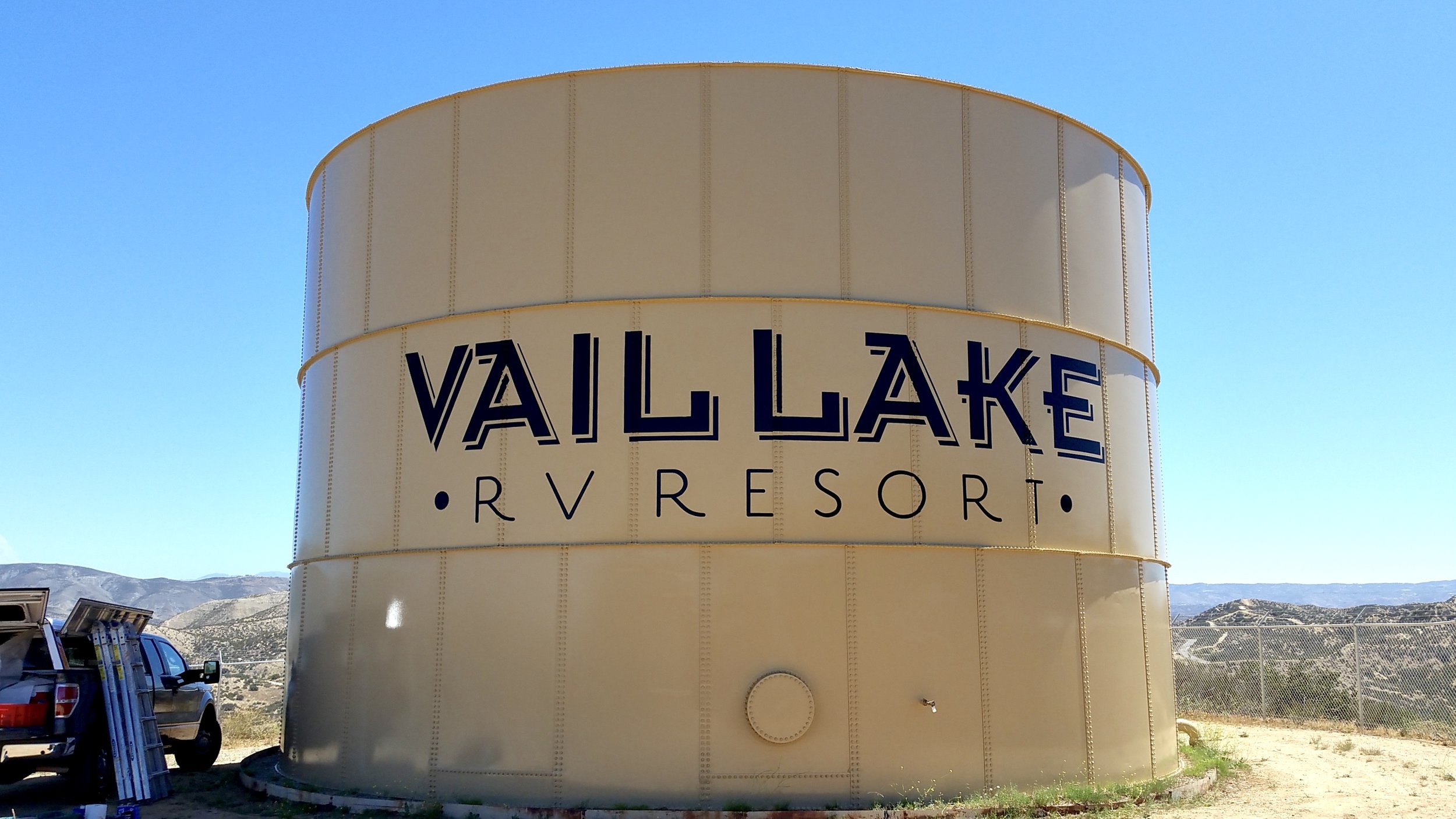 Vail Lake RV Resort hand painted water tank graphic mural