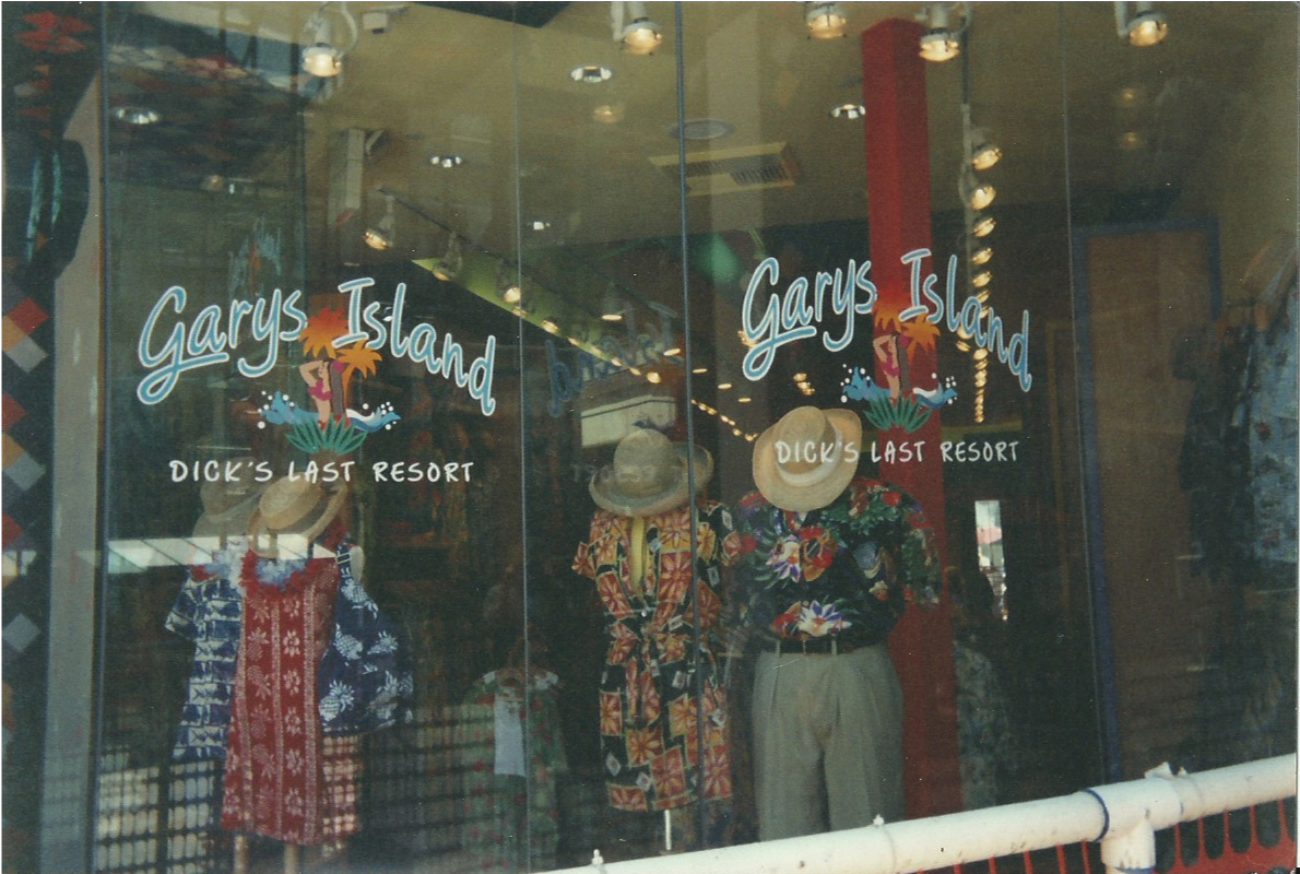 Gary's Island clothing hand lettered window signs