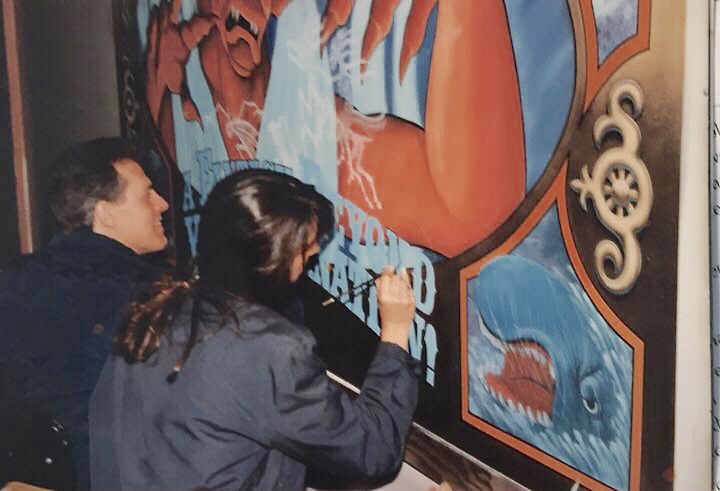 Sign painting - Fantasmic construction fence graphics at Disneyland 1990