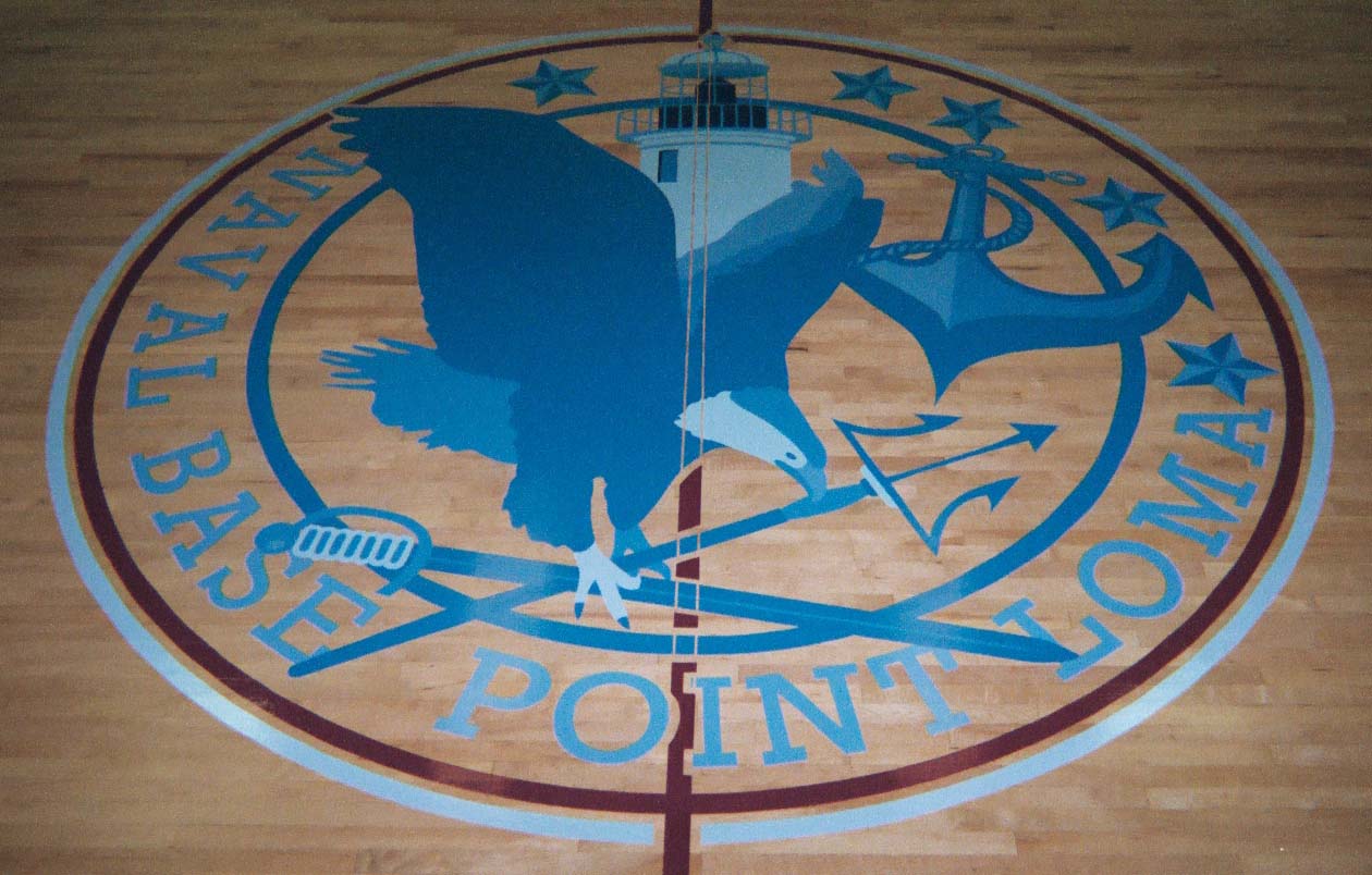 Point Loma Naval Base gym wood floor hand painted graphics