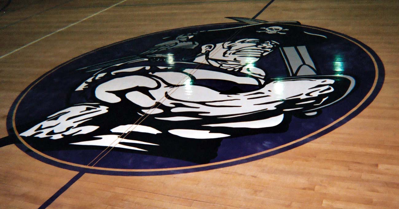Pacific High School gym wood floor hand painted graphics