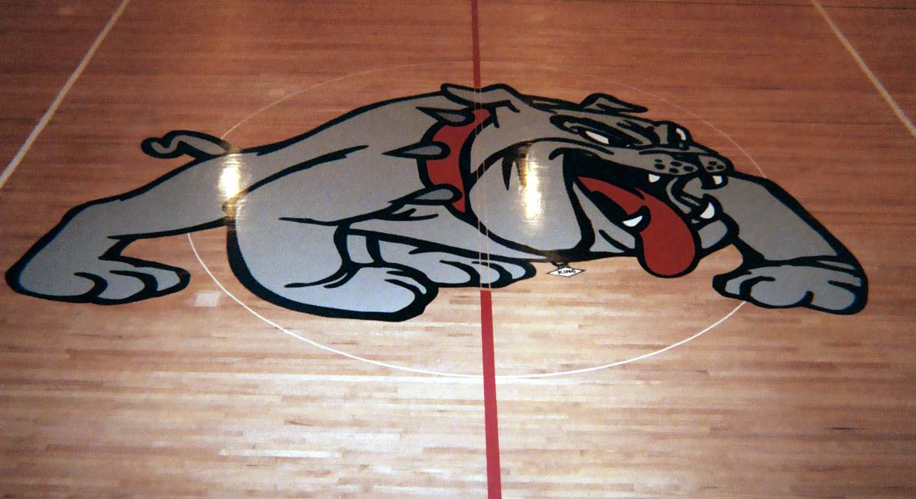 Pasadena High School gym wood floor hand painted graphics