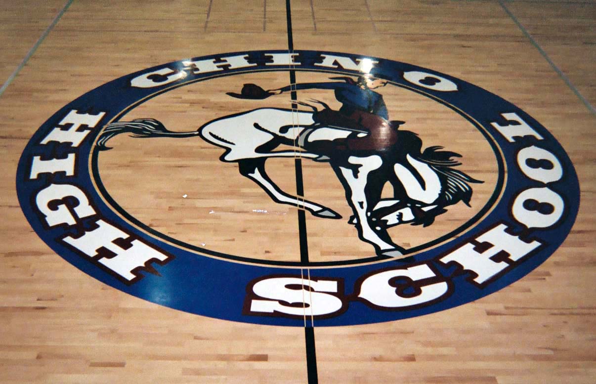 Chino High School gym wood floor hand painted graphics