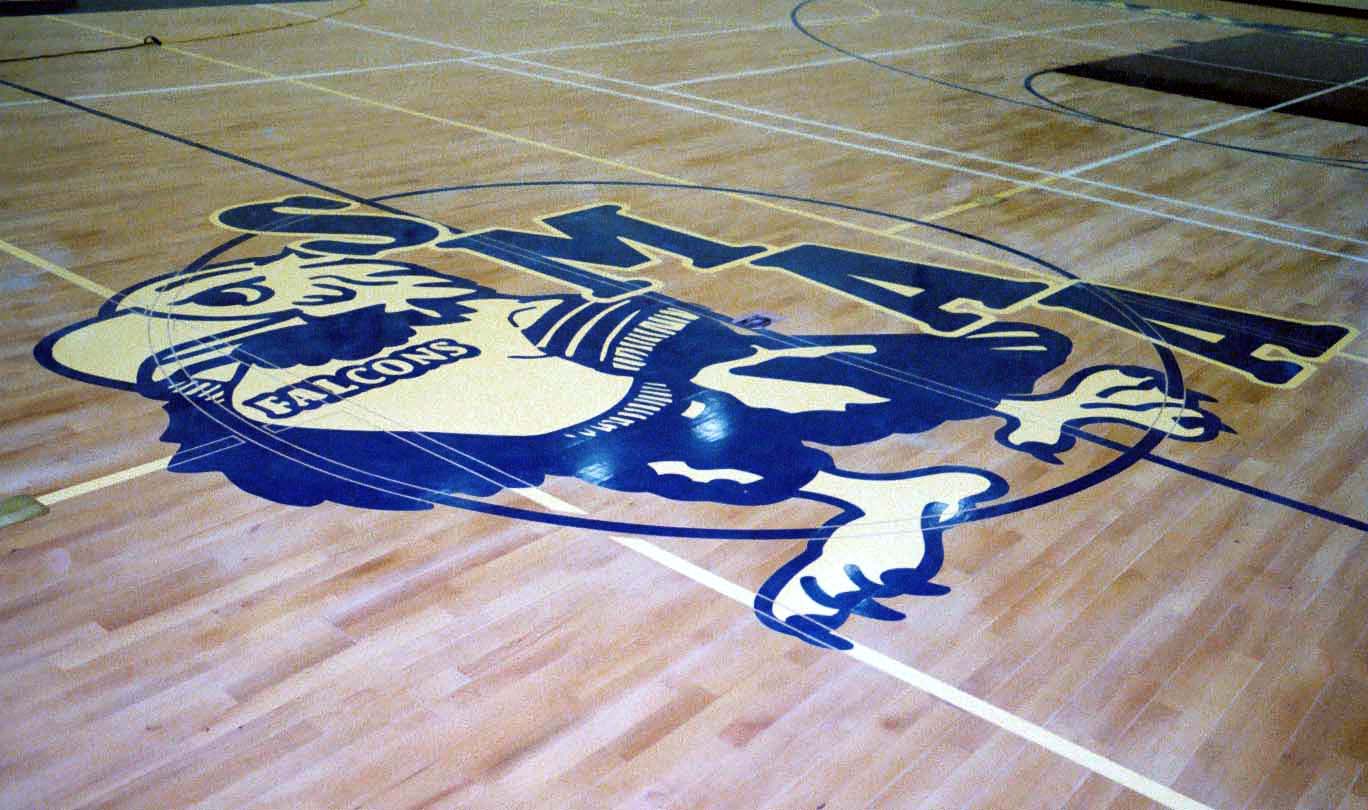St. Mary's School gym wood floor hand painted graphics